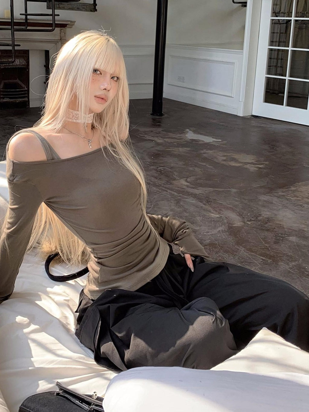 Rase le sol Black High Waist Cargo Loose Straight Women's Wide-leg Pants