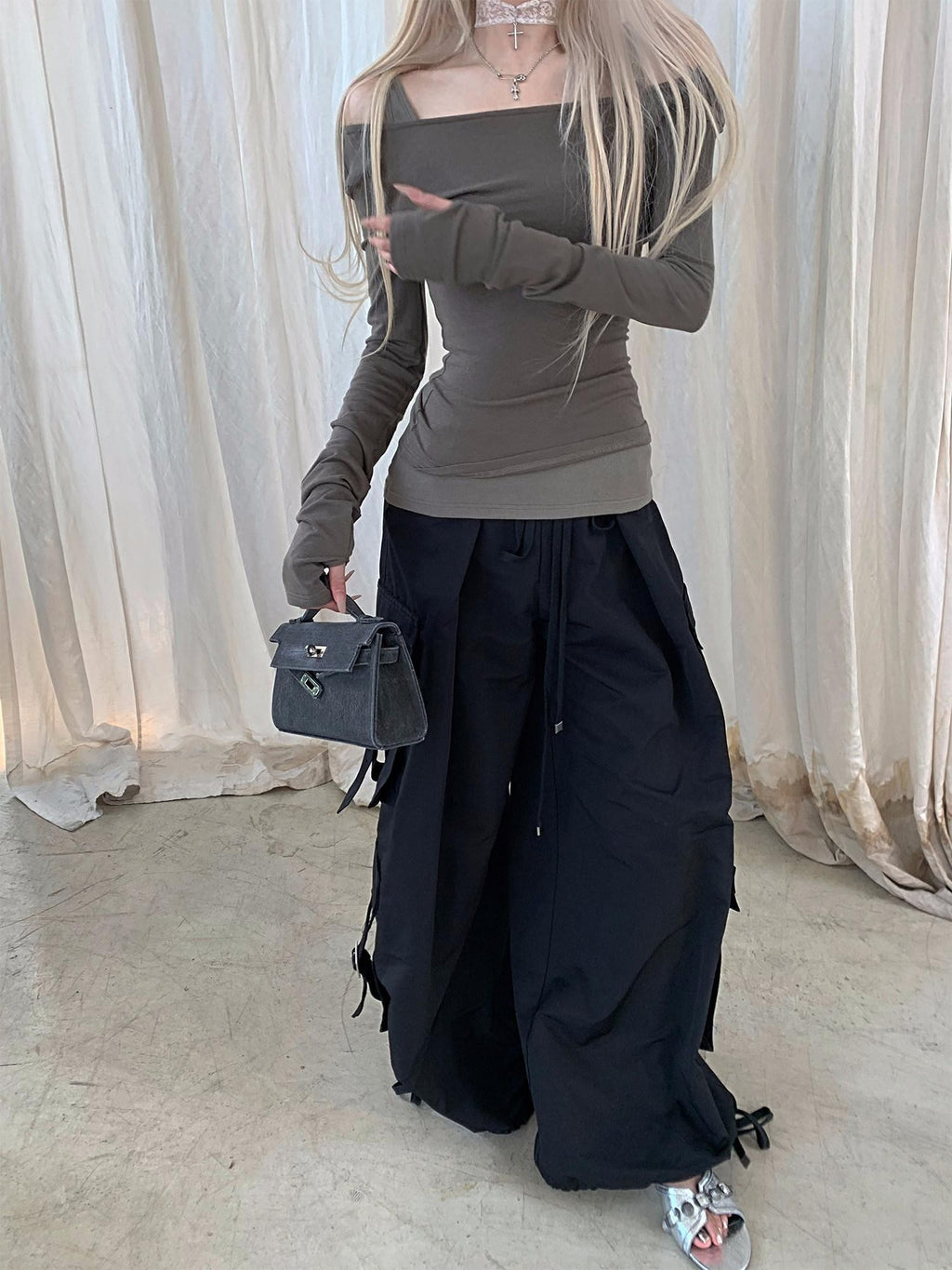 Rase le sol Black High Waist Cargo Loose Straight Women's Wide-leg Pants