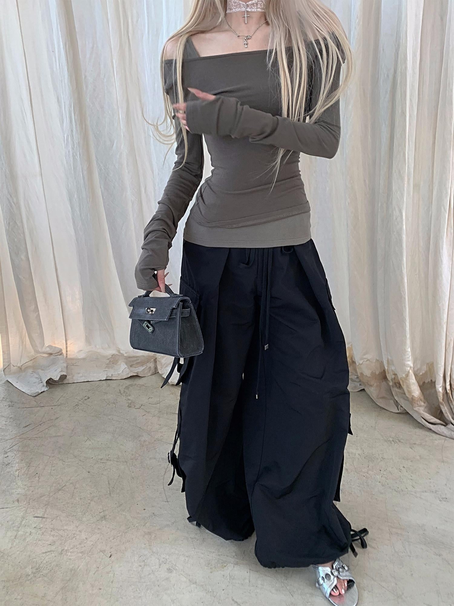 Rase le sol Black High Waist Cargo Loose Straight Women's Wide-leg Pants