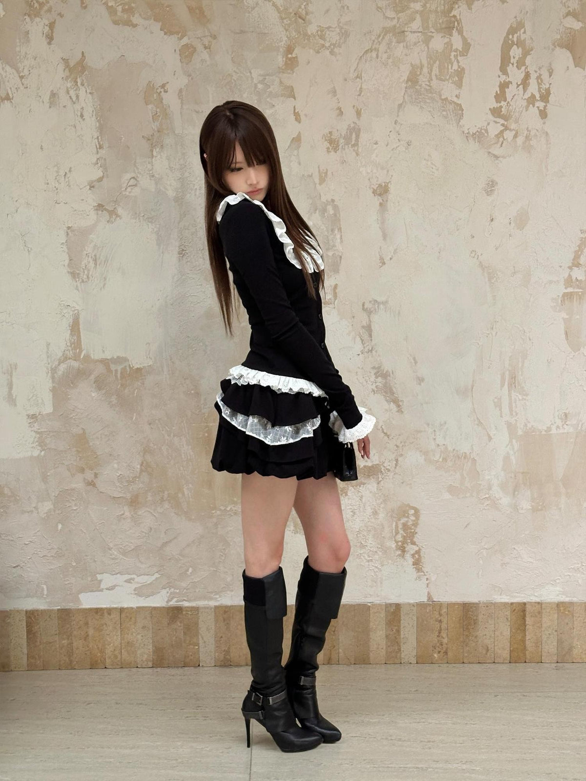 Rase le sol Black Lace Bubble Women's Cotton Mini Skirts