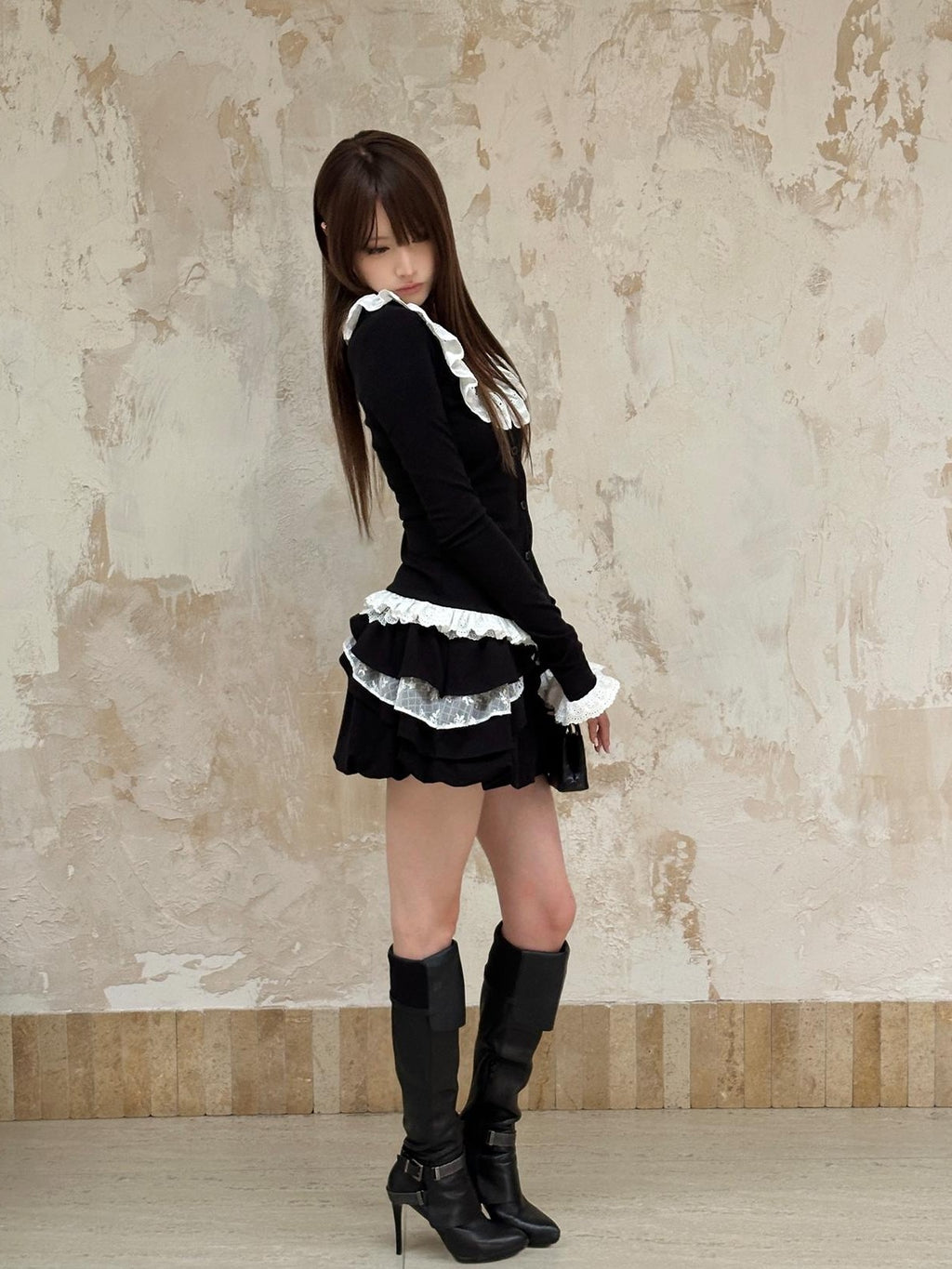 Rase le sol Black Lace Bubble Women's Cotton Mini Skirts
