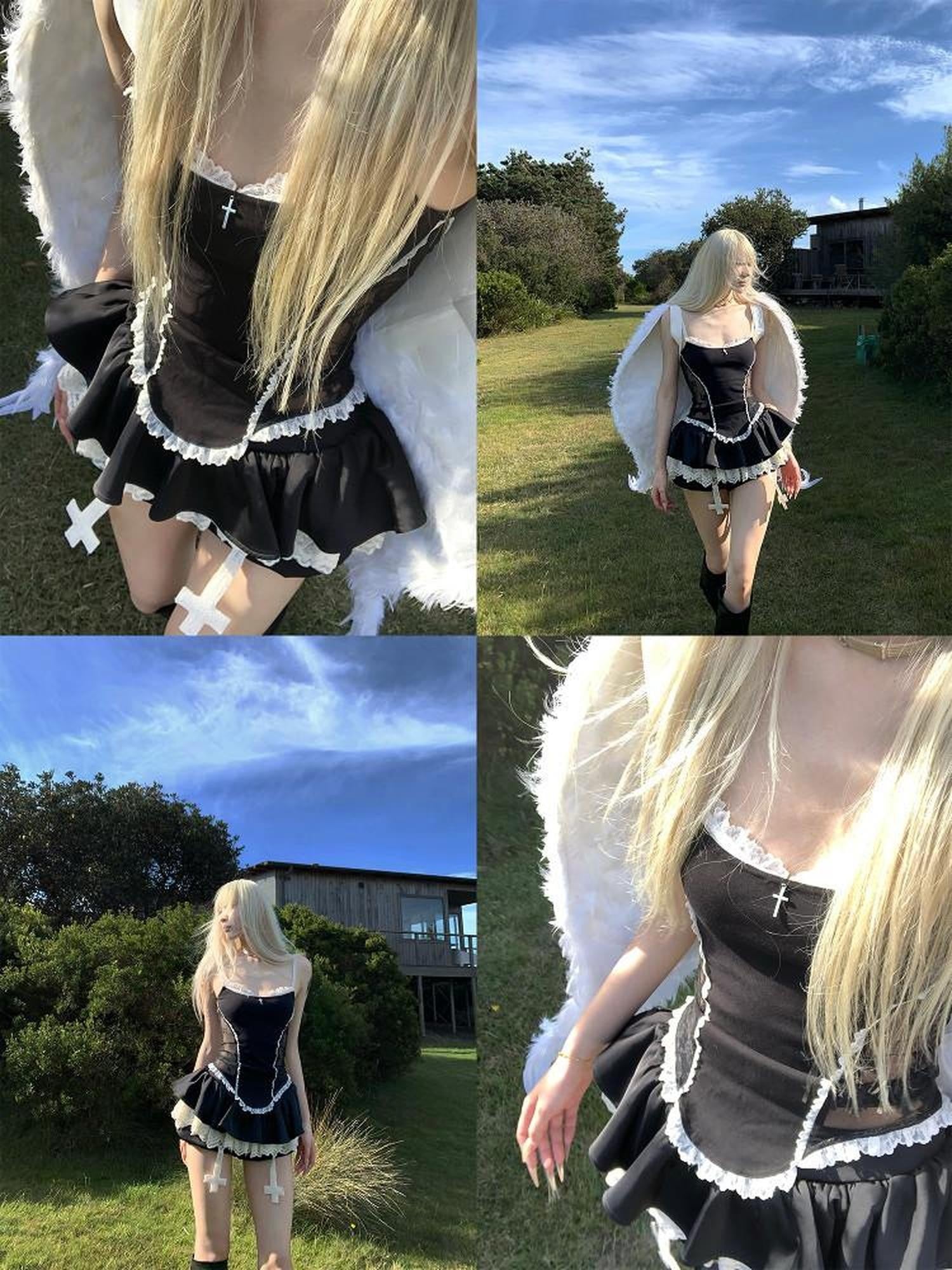 Rase le sol Black Lace Cami And Tiered Ruffle Mini Skirt Women's Lace Matching Skirt Sets