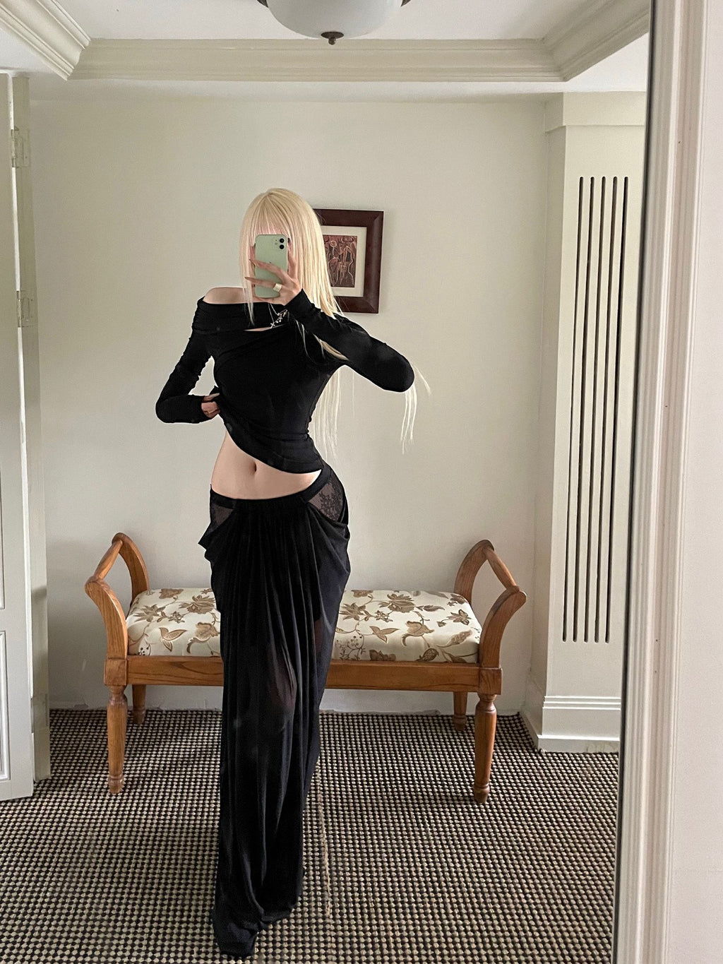 Rase_le_sol_Black_Lace_Mesh_Spliced_Gathered_Pleat_Women's_Tulle_Maxi_Skirts_972926464180_MISSTT
