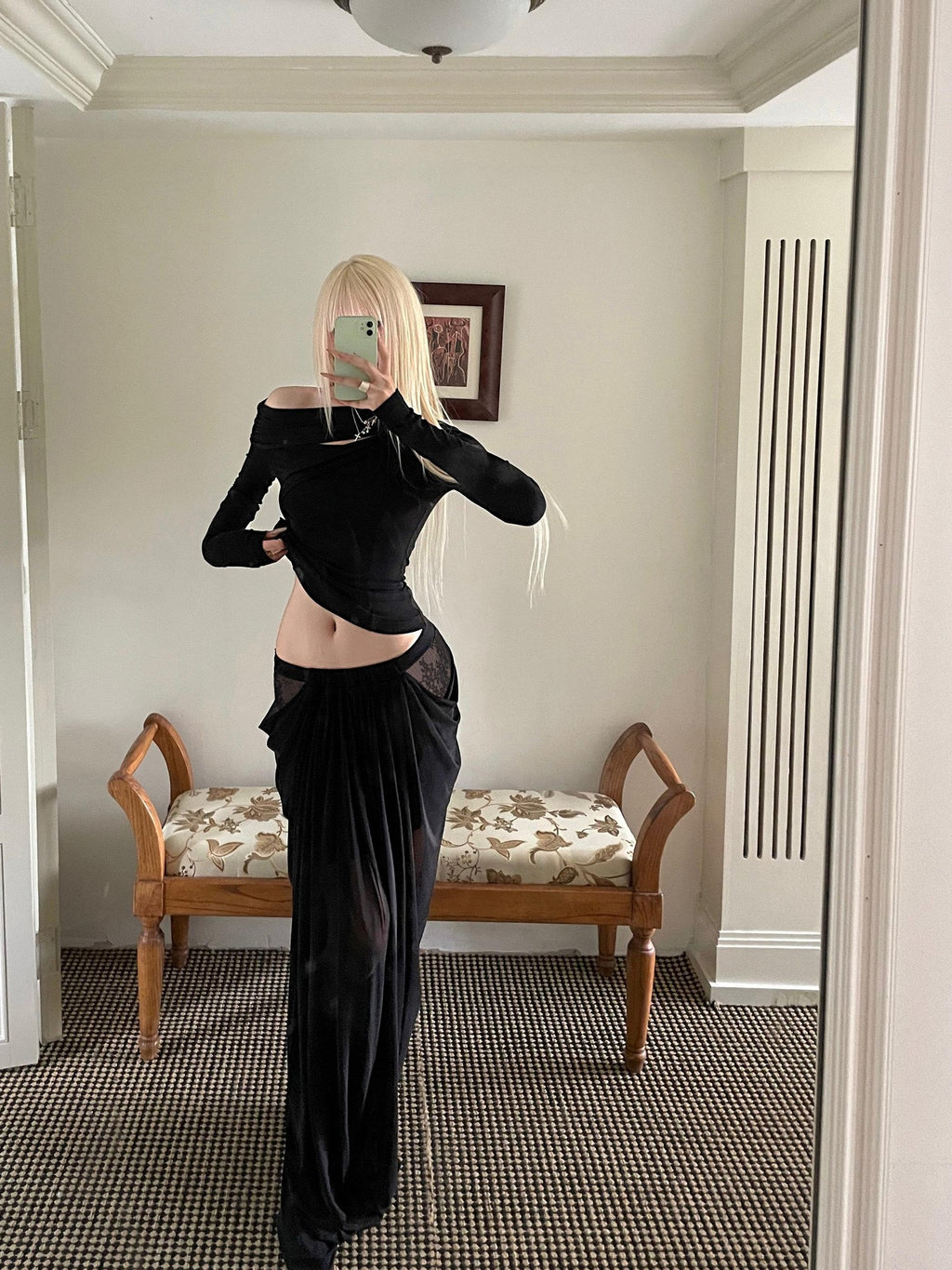 Rase le sol Black Lace Mesh Spliced Gathered Pleat Women's Tulle Maxi Skirts