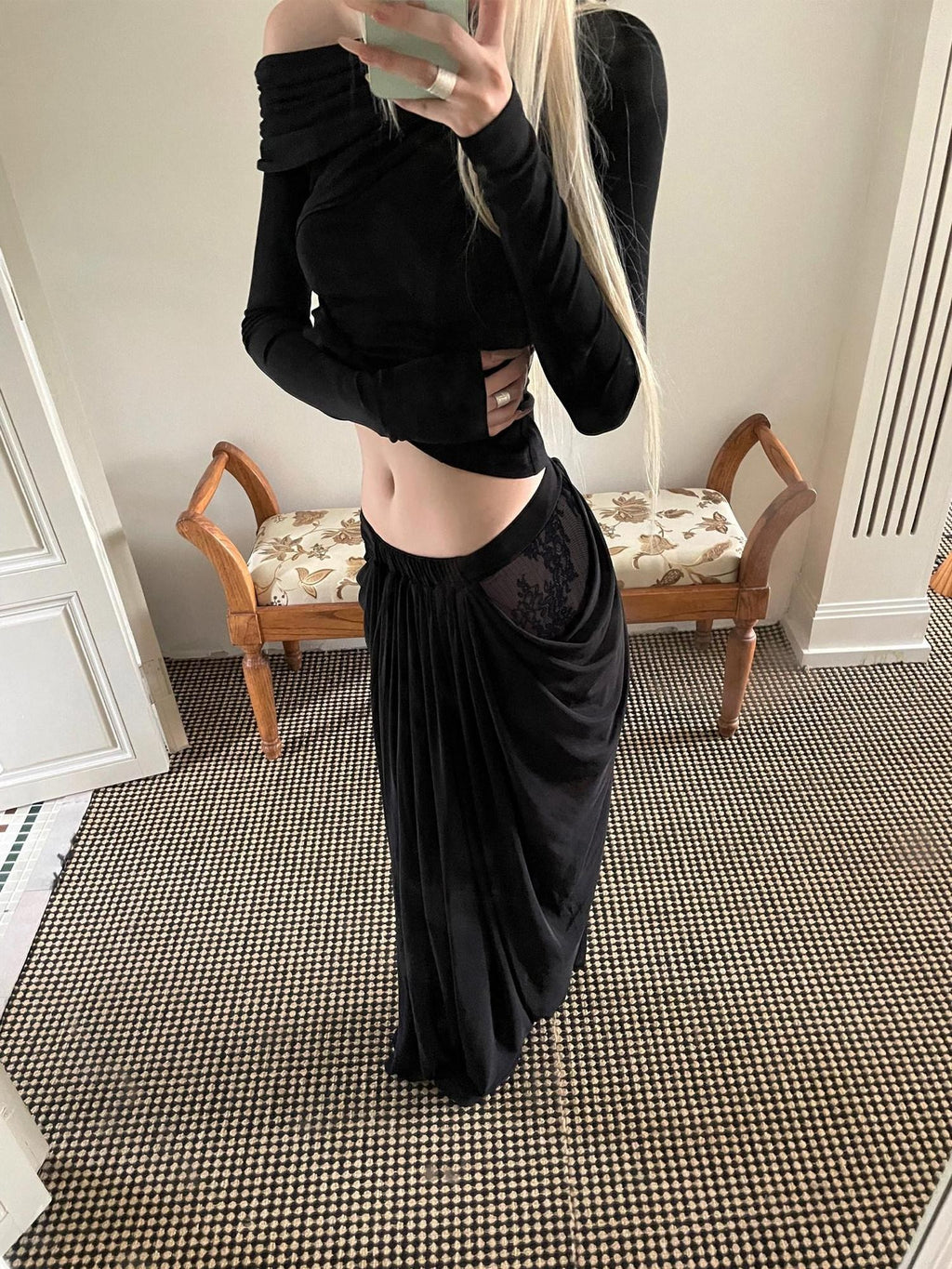 Rase le sol Black Lace Mesh Spliced Gathered Pleat Women's Tulle Maxi Skirts