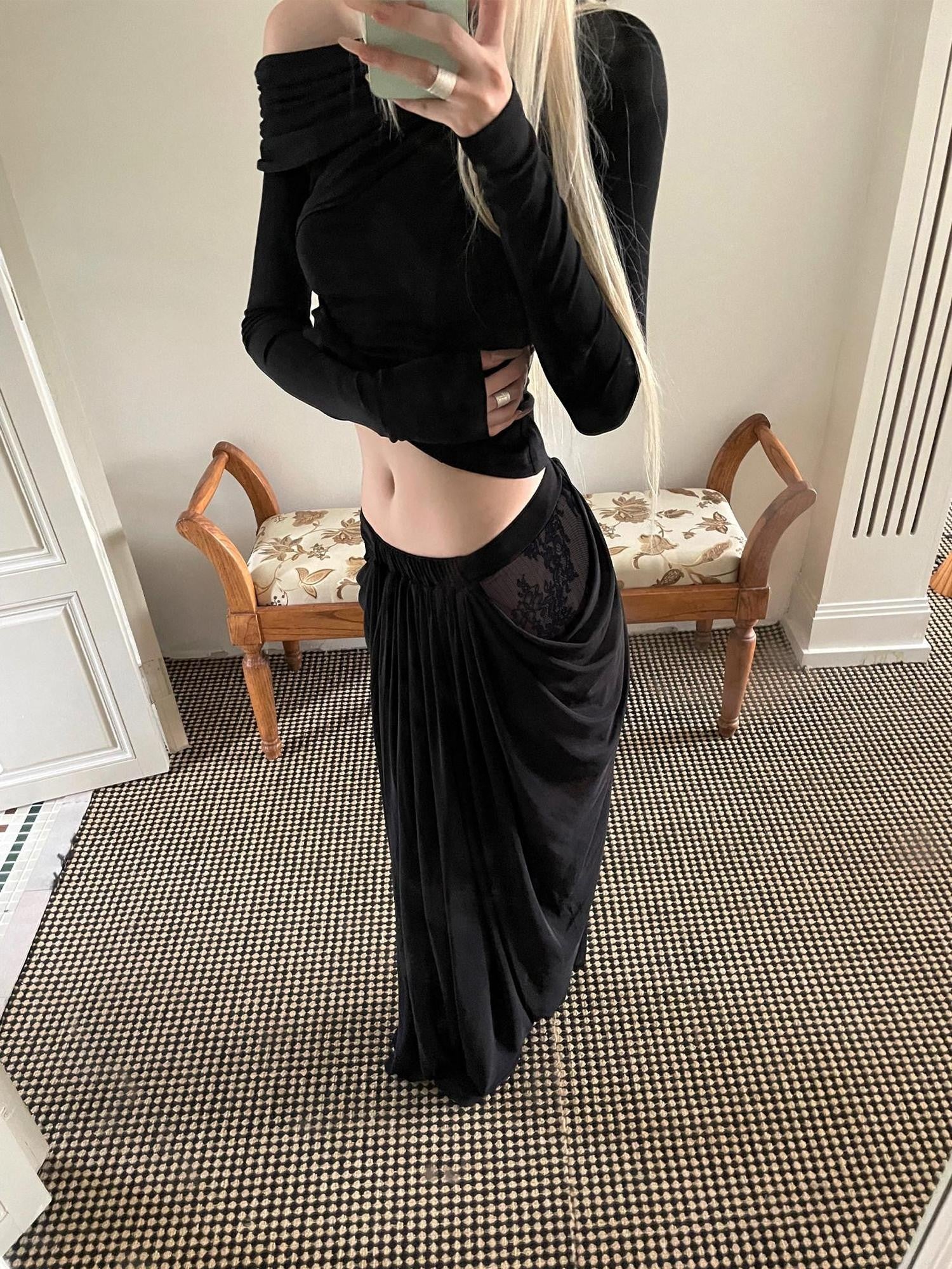 Rase le sol Black Lace Mesh Spliced Gathered Pleat Women's Tulle Maxi Skirts