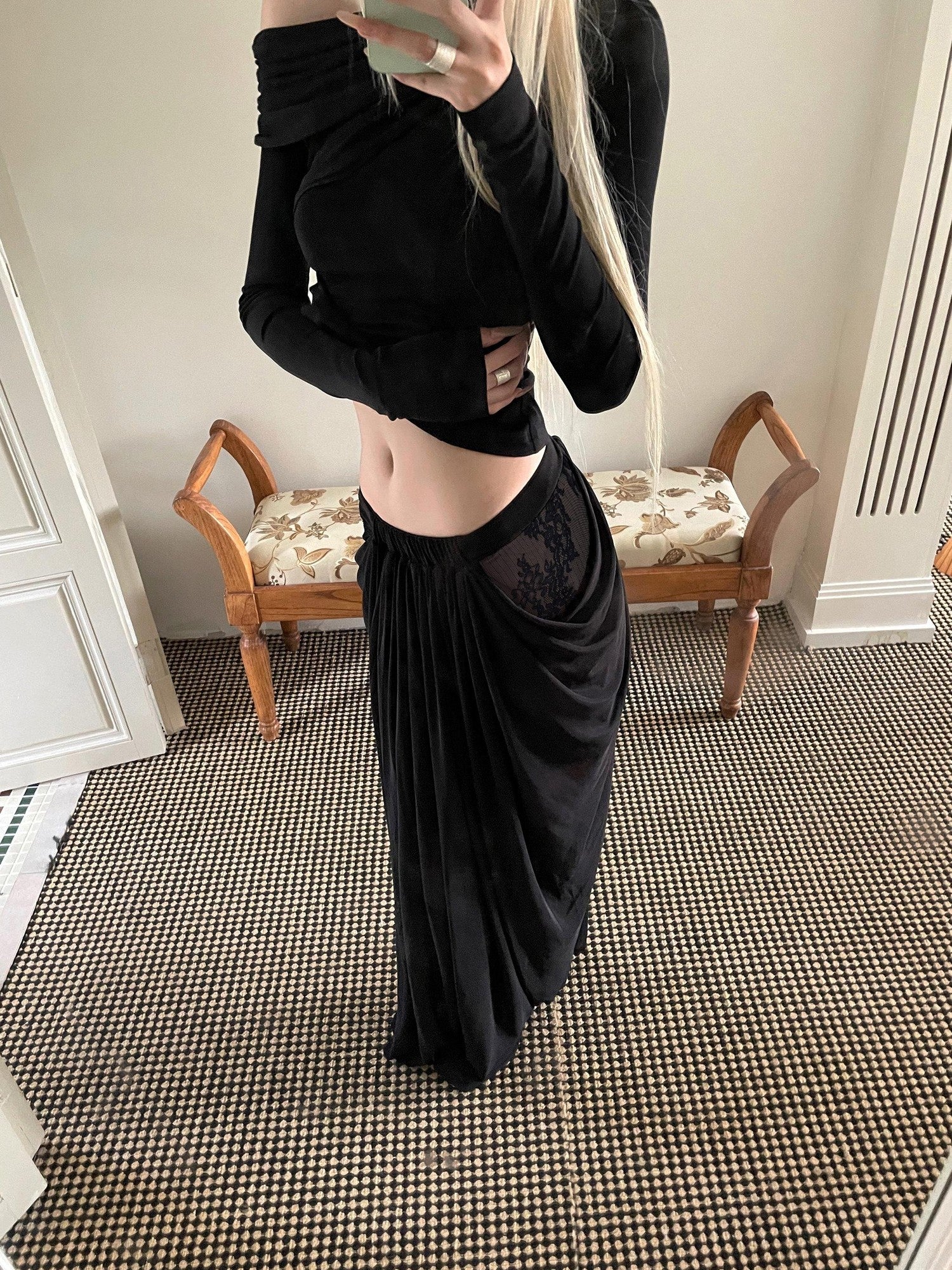 Rase le sol Black Lace Mesh Spliced Gathered Pleat Women's Tulle Maxi Skirts