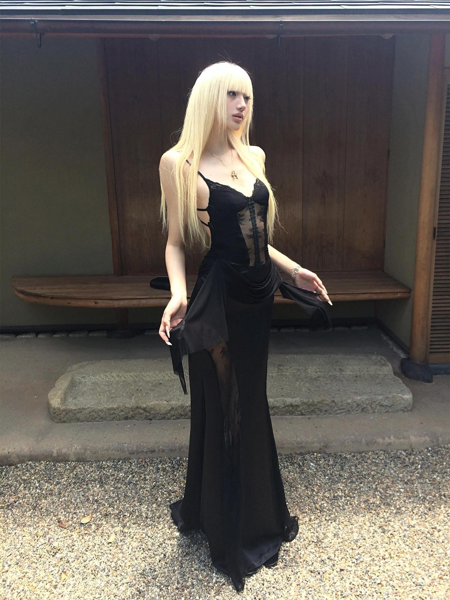 Rase le sol Black Lace Spliced Mesh Mermaid Women's Camisole Slip Maxi Dresses