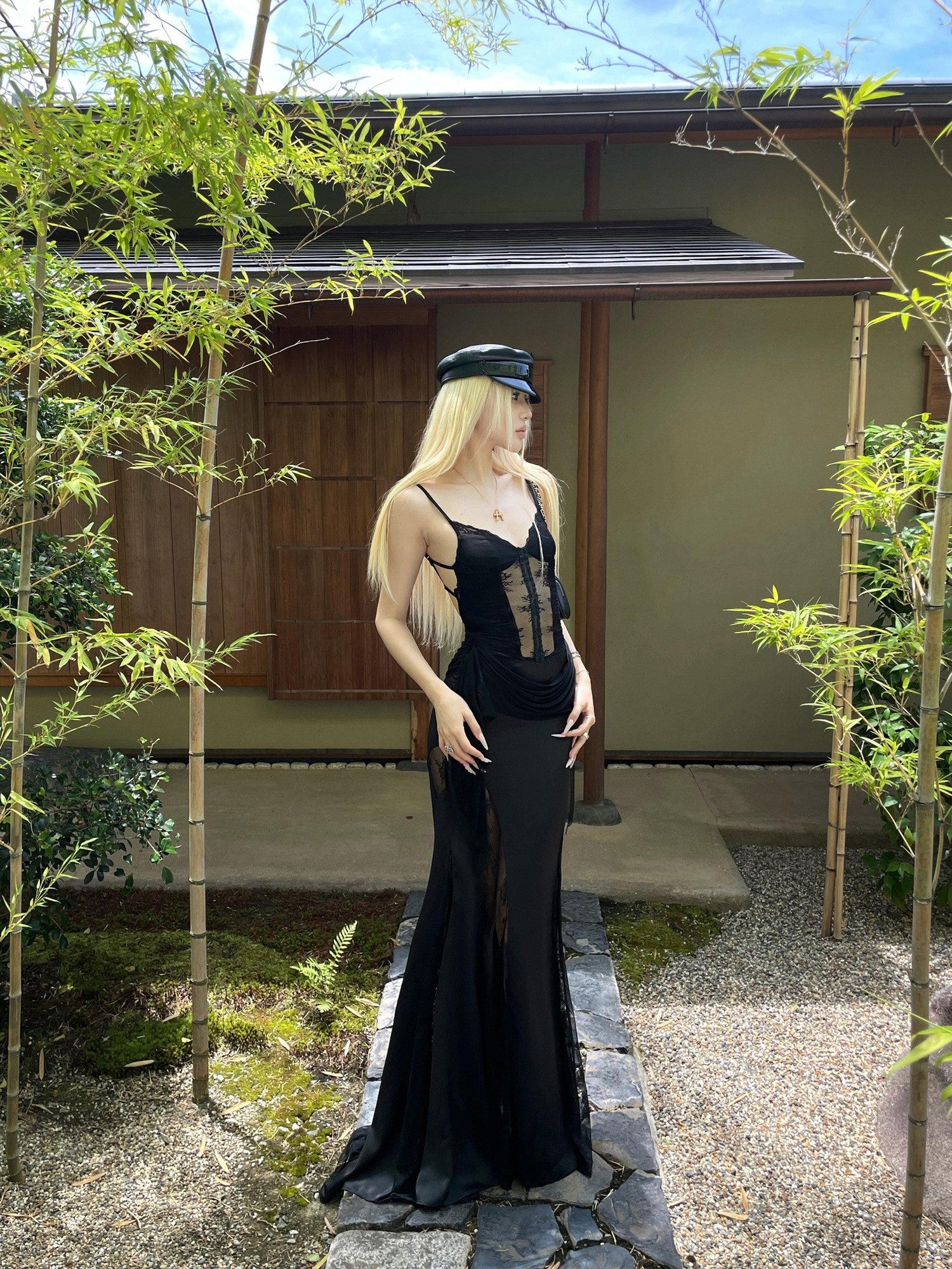 Rase le sol Black Lace Spliced Mesh Mermaid Women's Camisole Slip Maxi Dresses