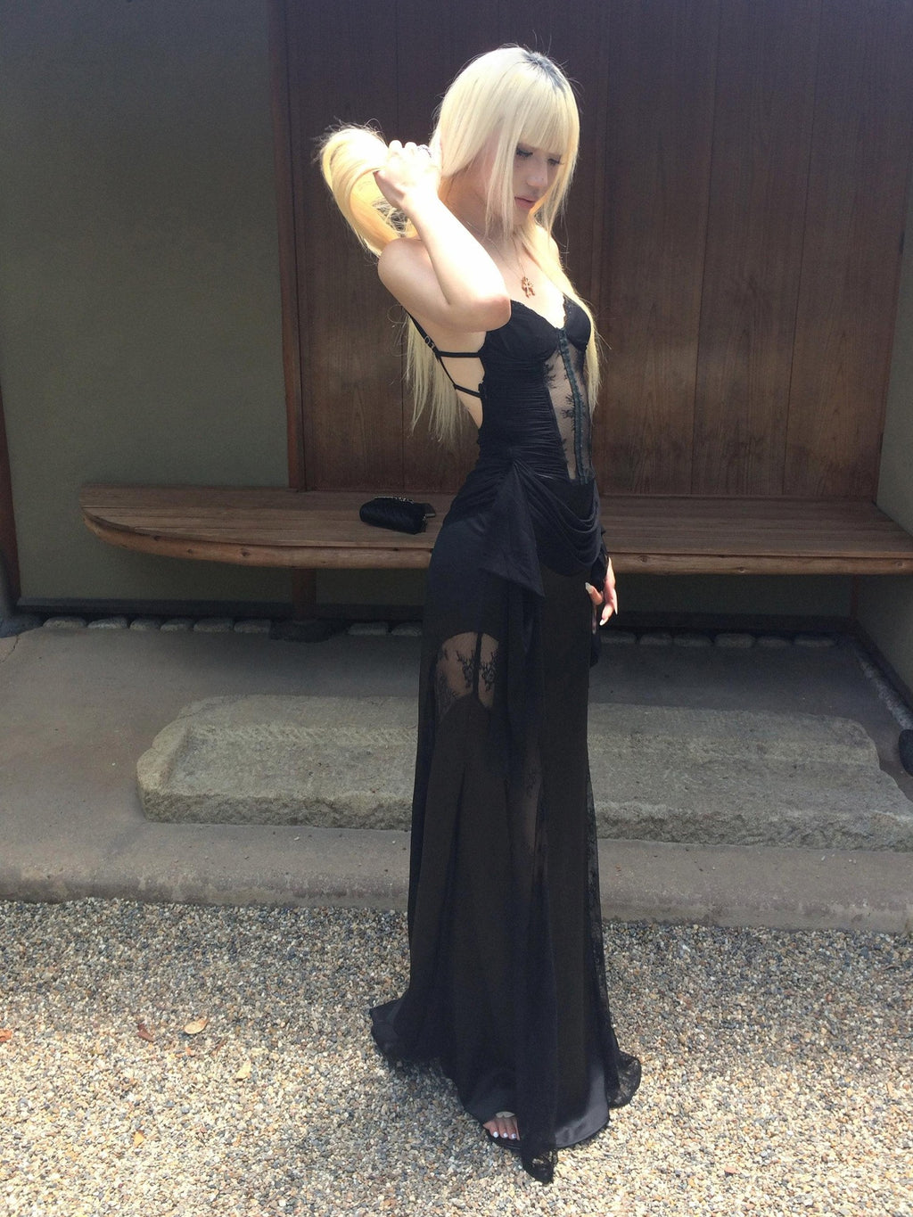 Rase le sol Black Lace Spliced Mesh Mermaid Women's Camisole Slip Maxi Dresses