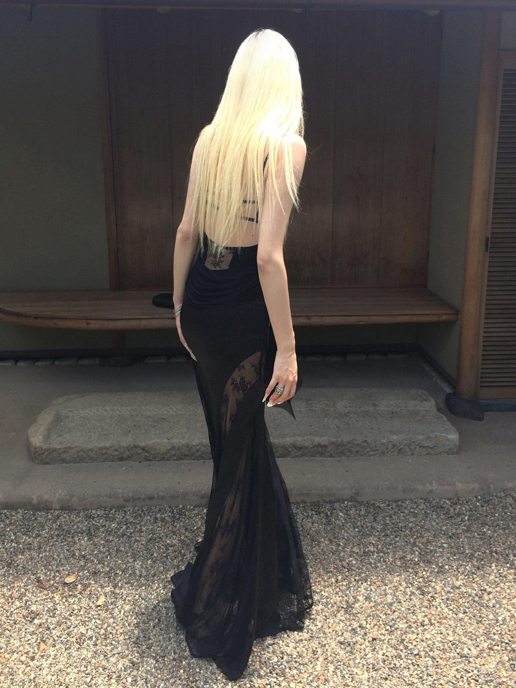 Rase le sol Black Lace Spliced Mesh Mermaid Women's Camisole Slip Maxi Dresses