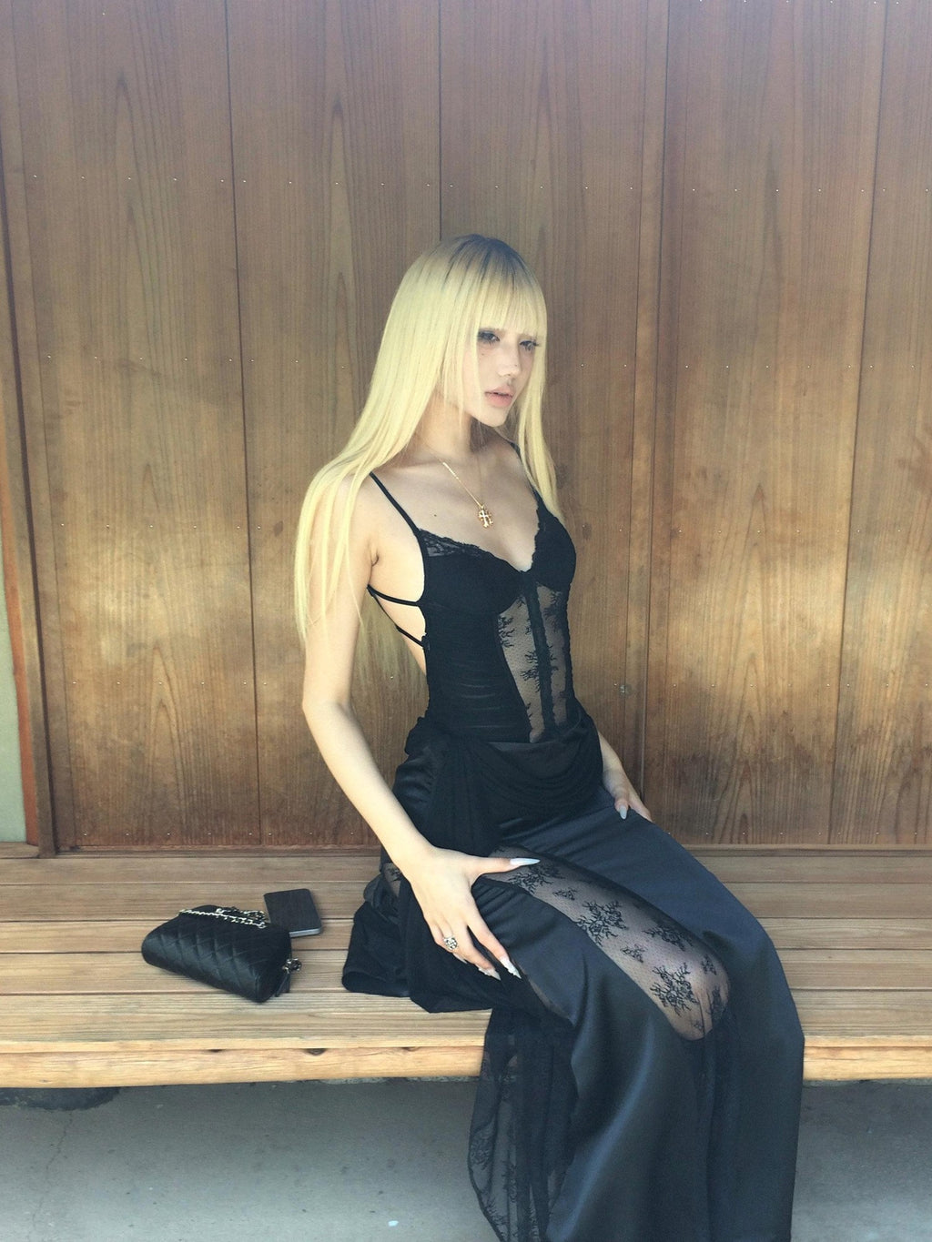 Rase le sol Black Lace Spliced Mesh Mermaid Women's Camisole Slip Maxi Dresses