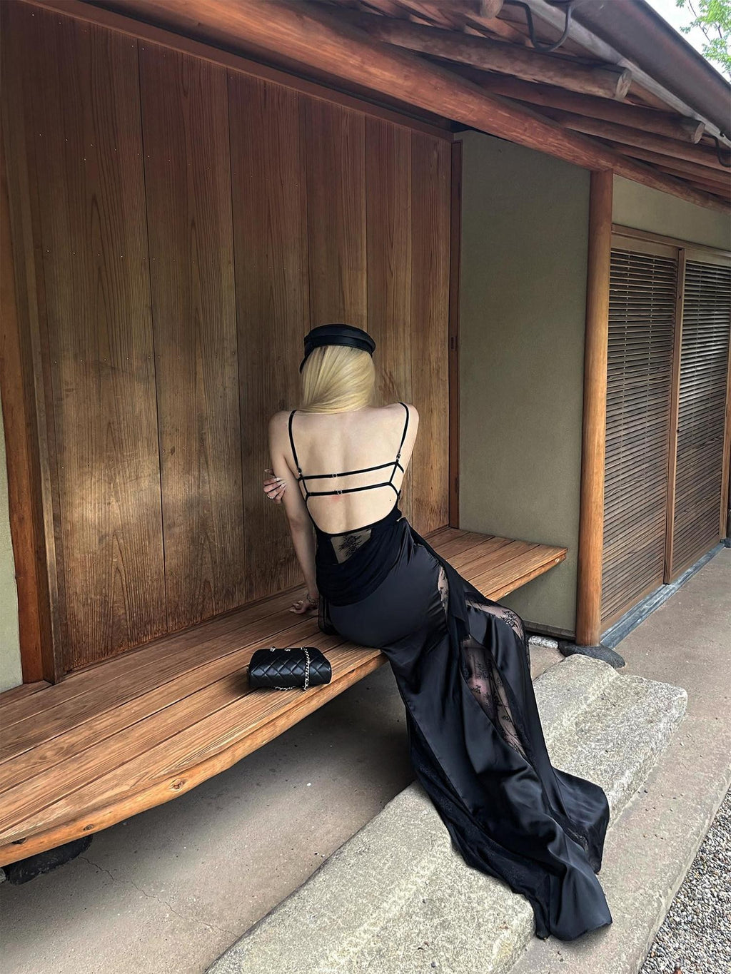 Rase le sol Black Lace Spliced Mesh Mermaid Women's Camisole Slip Maxi Dresses