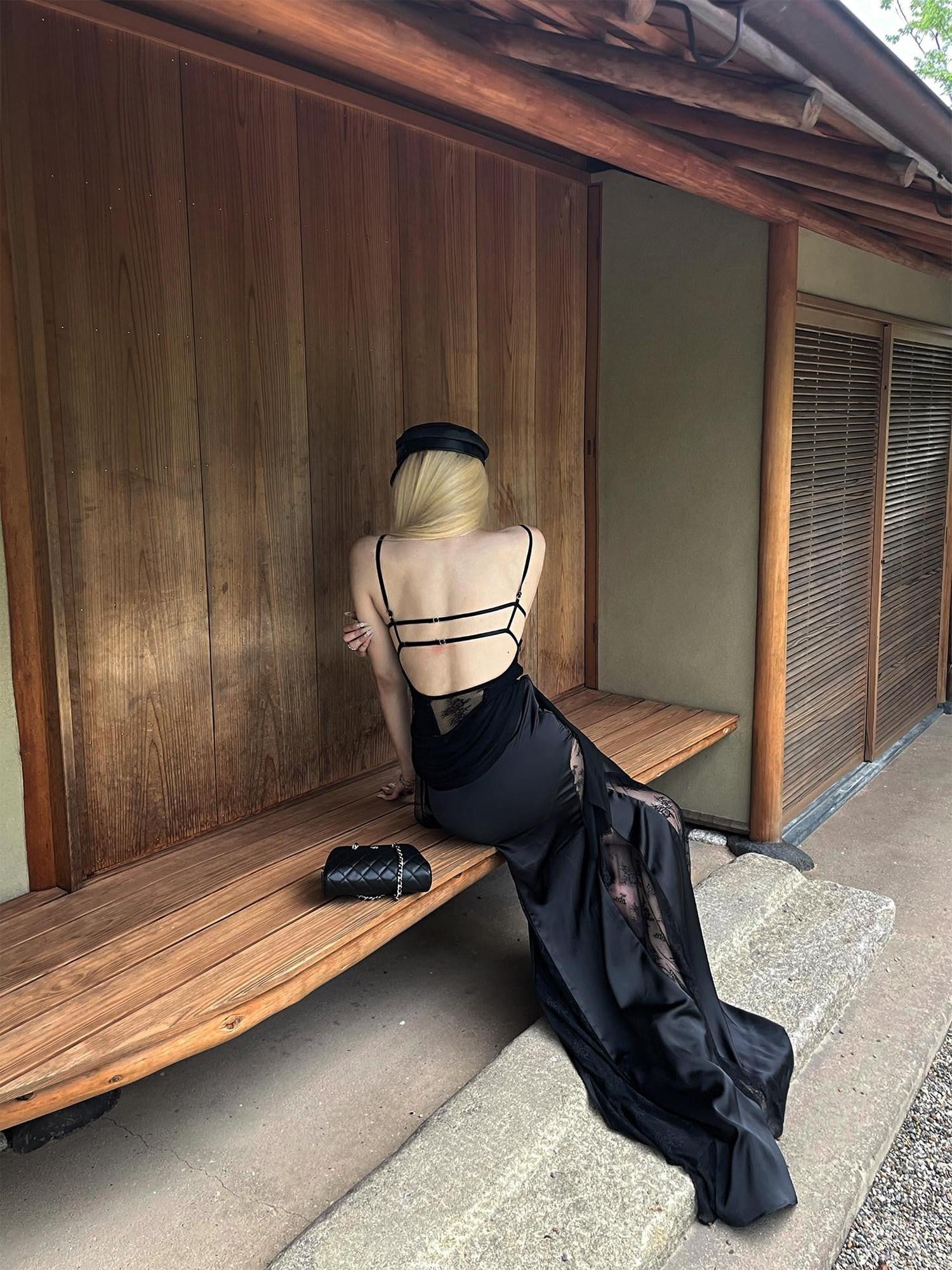 Rase le sol Black Lace Spliced Mesh Mermaid Women's Camisole Slip Maxi Dresses
