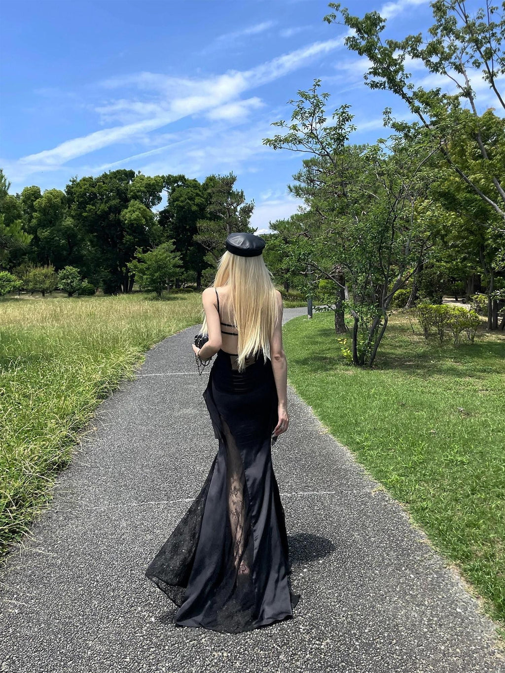 Rase le sol Black Lace Spliced Mesh Mermaid Women's Camisole Slip Maxi Dresses