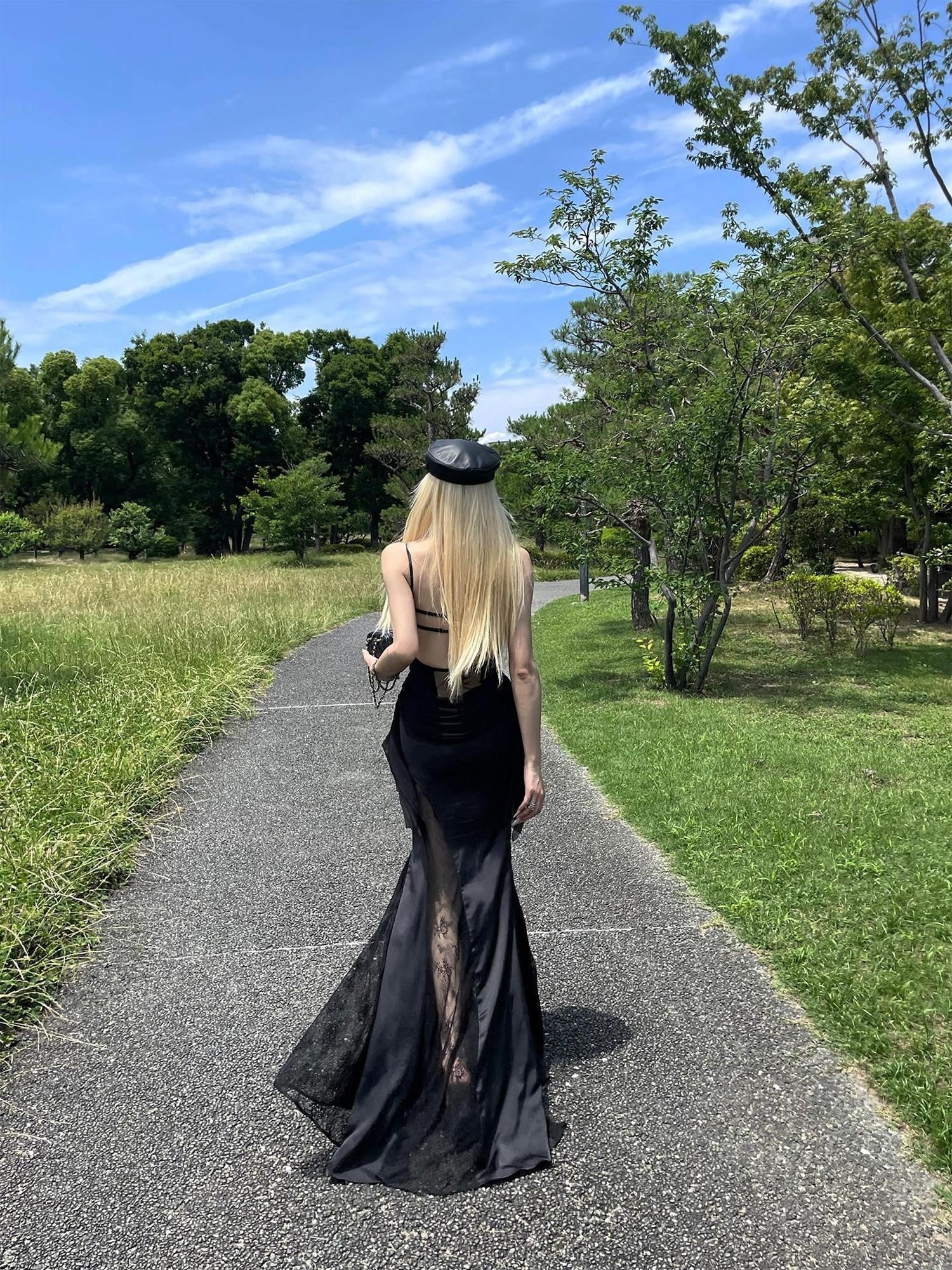 Rase le sol Black Lace Spliced Mesh Mermaid Women's Camisole Slip Maxi Dresses