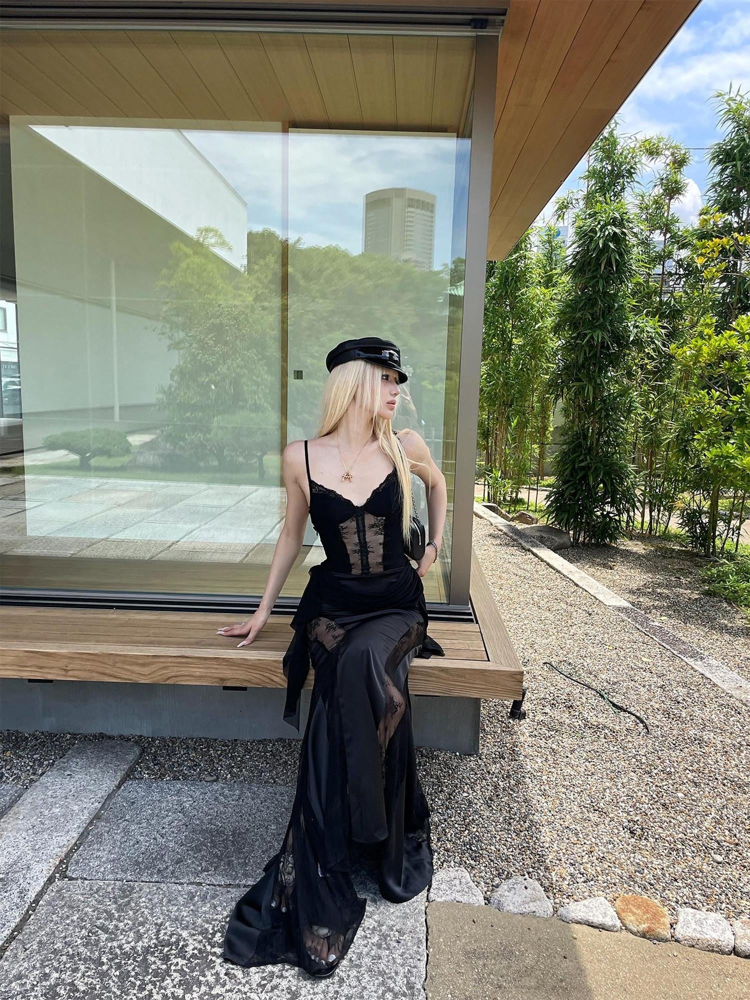 Rase le sol Black Lace Spliced Mesh Mermaid Women's Camisole Slip Maxi Dresses