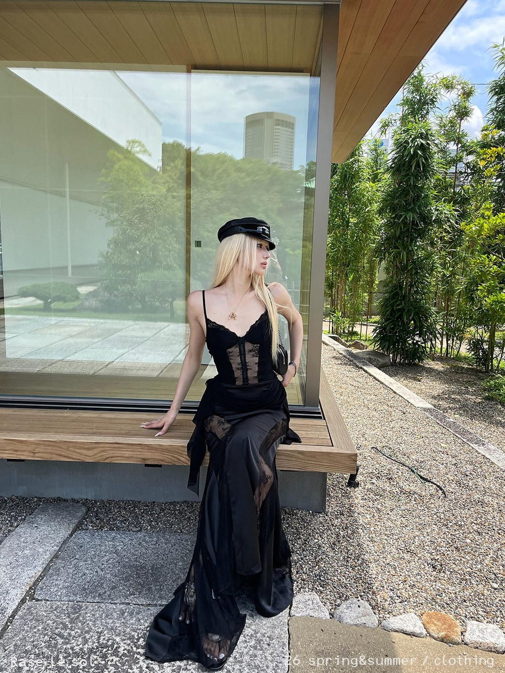 Rase le sol Black Lace Spliced Mesh Mermaid Women's Camisole Slip Maxi Dresses