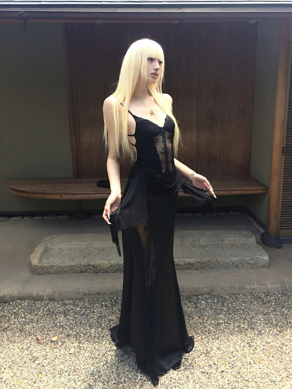 Rase le sol Black Lace Spliced Mesh Mermaid Women's Camisole Slip Maxi Dresses