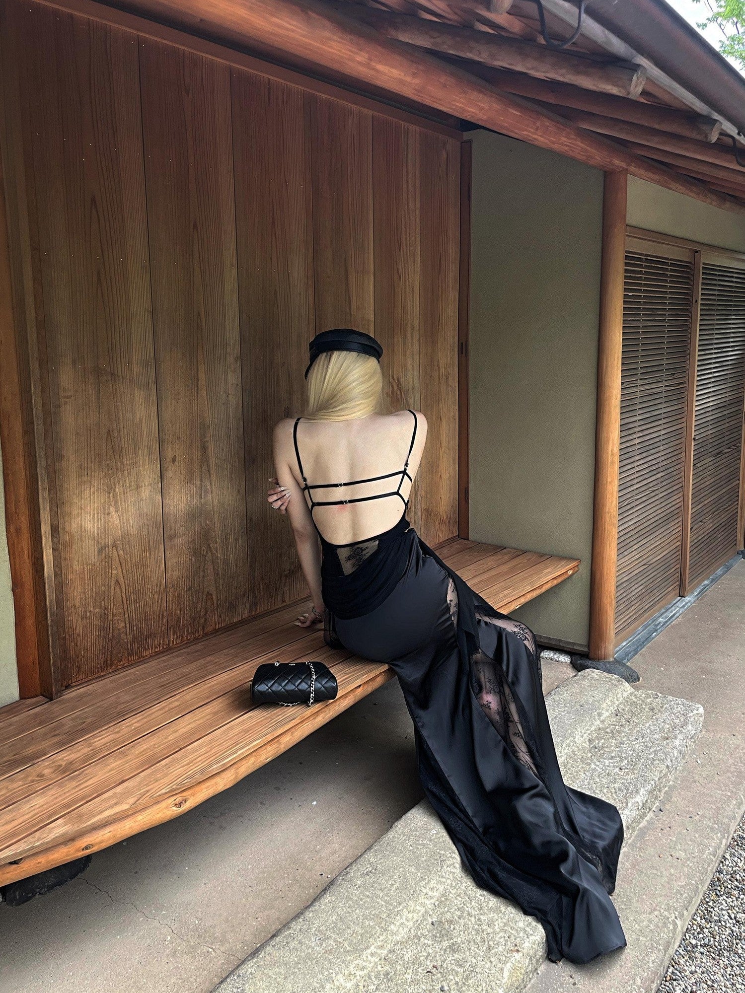 Rase le sol Black Lace Spliced Mesh Mermaid Women's Camisole Slip Maxi Dresses