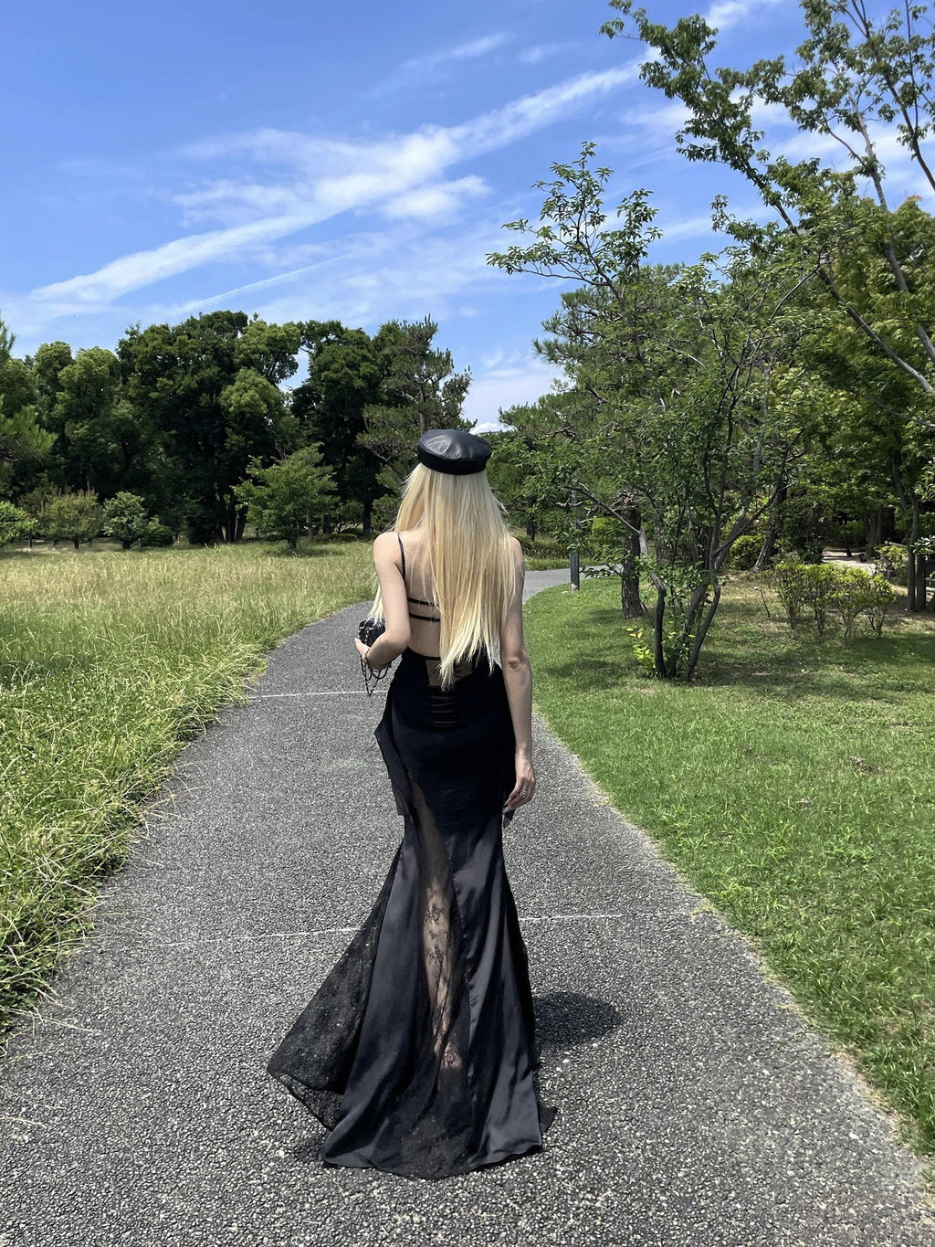 Rase le sol Black Lace Spliced Mesh Mermaid Women's Camisole Slip Maxi Dresses