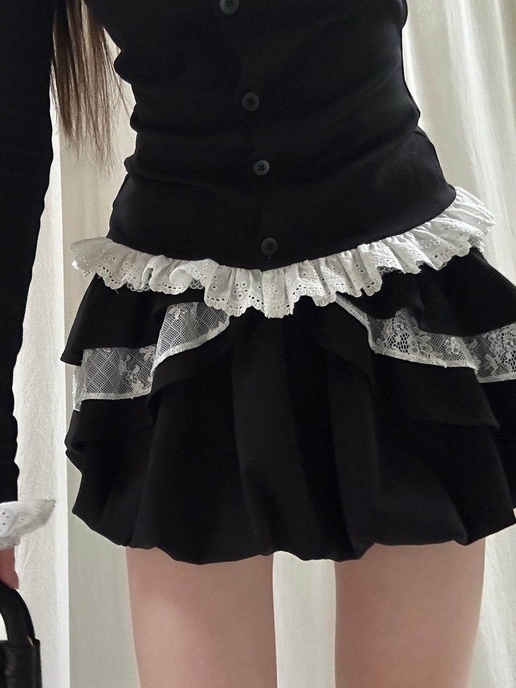 Rase le sol Black Lace Trim Panelled Women's Cotton Long Sleeve T-shirts