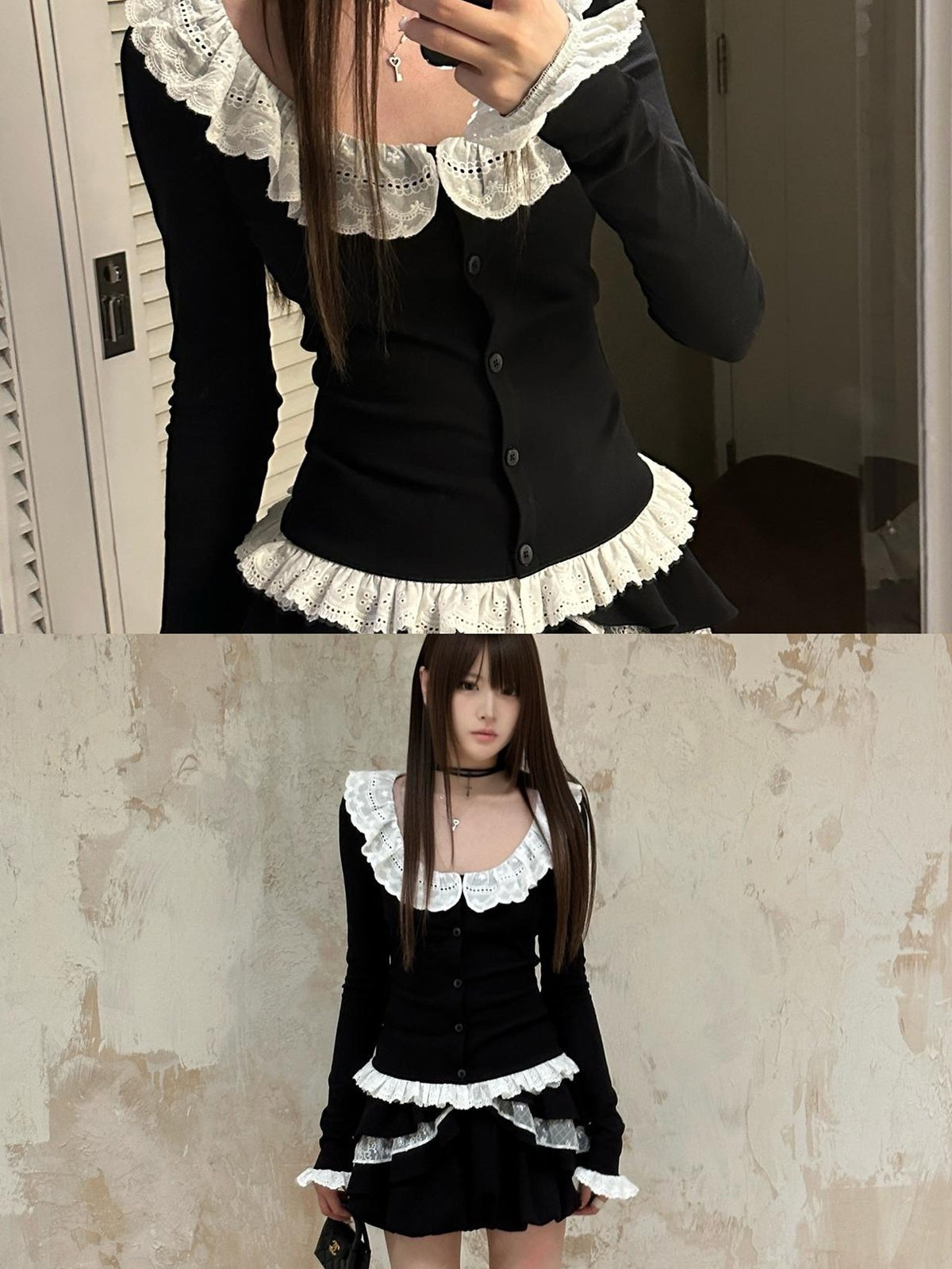 Rase le sol Black Lace Trim Panelled Women's Cotton Long Sleeve T-shirts
