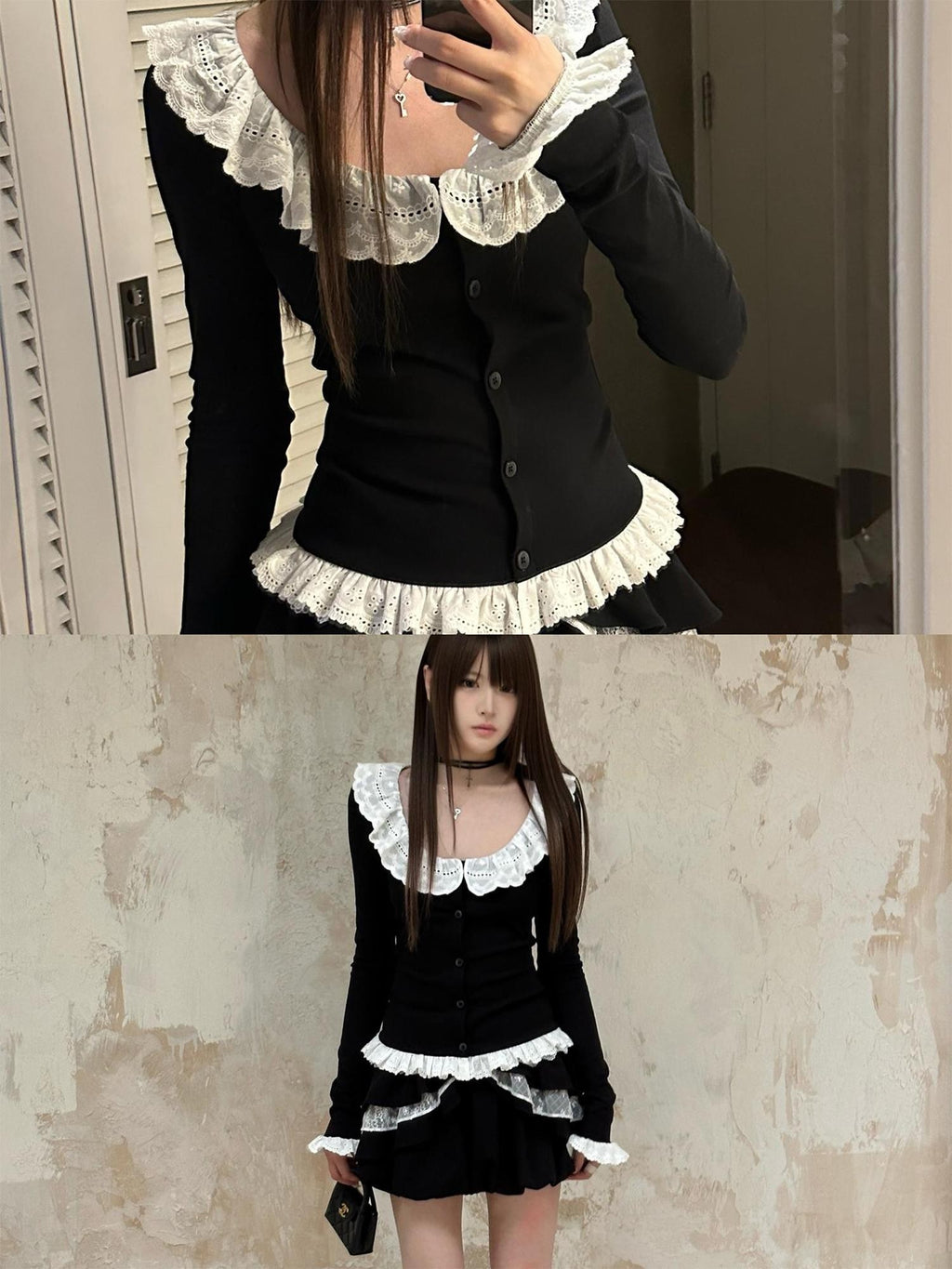 Rase le sol Black Lace Trim Panelled Women's Cotton Long Sleeve T-shirts