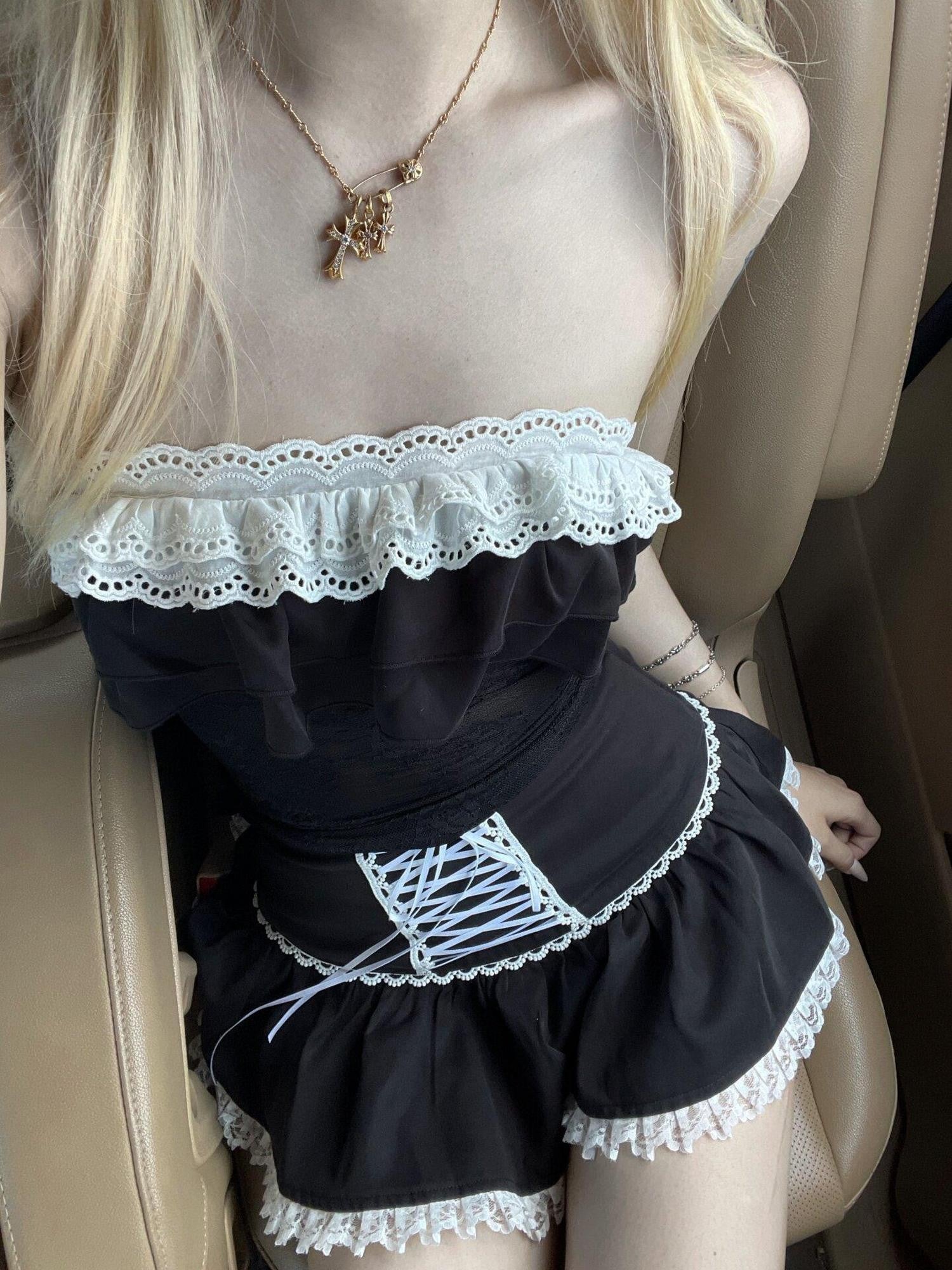 Rase le sol Black Lace Trim Strapless Bustier Women's Matching Skirt Sets