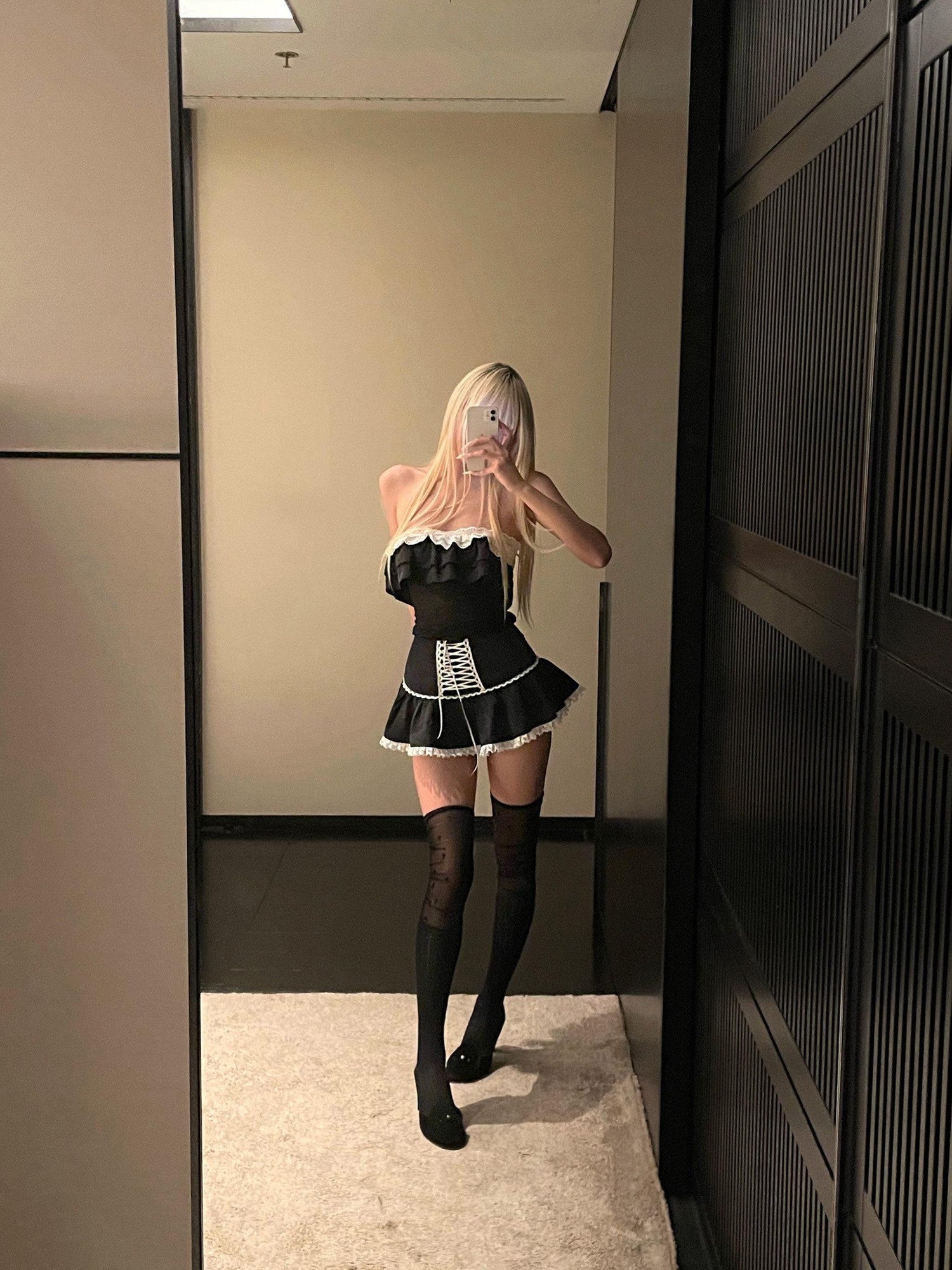 Rase le sol Black Lace Trim Strapless Bustier Women's Matching Skirt Sets