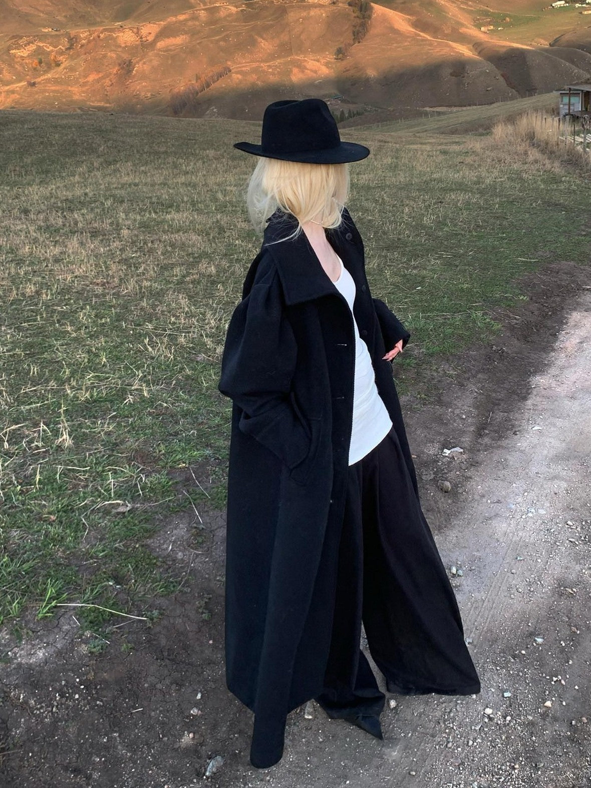 Rase le sol Black Long Woolen Tailored Women's Classic Warm Wool Blend Long Coats