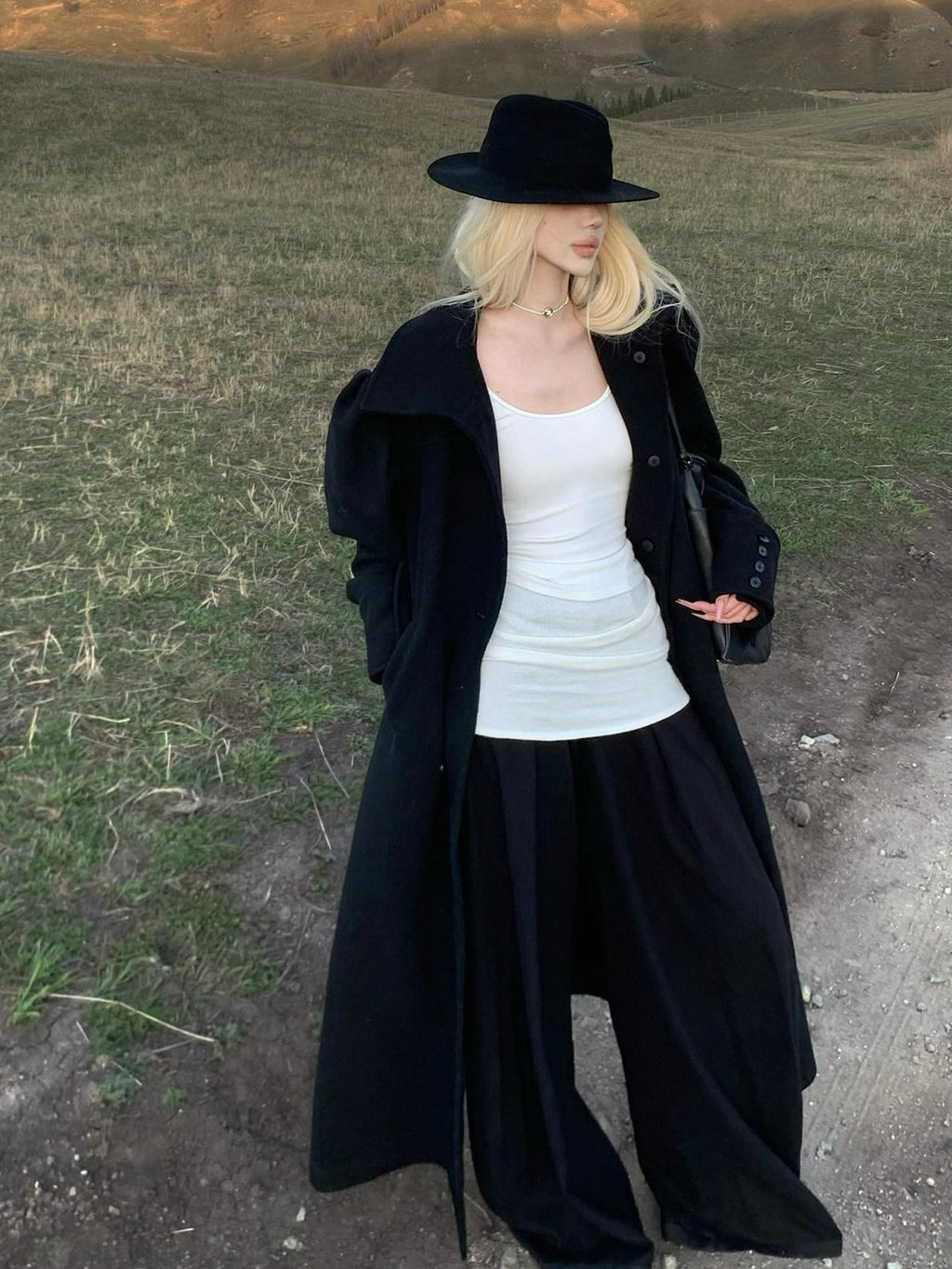 Rase le sol Black Long Woolen Tailored Women's Classic Warm Wool Blend Long Coats