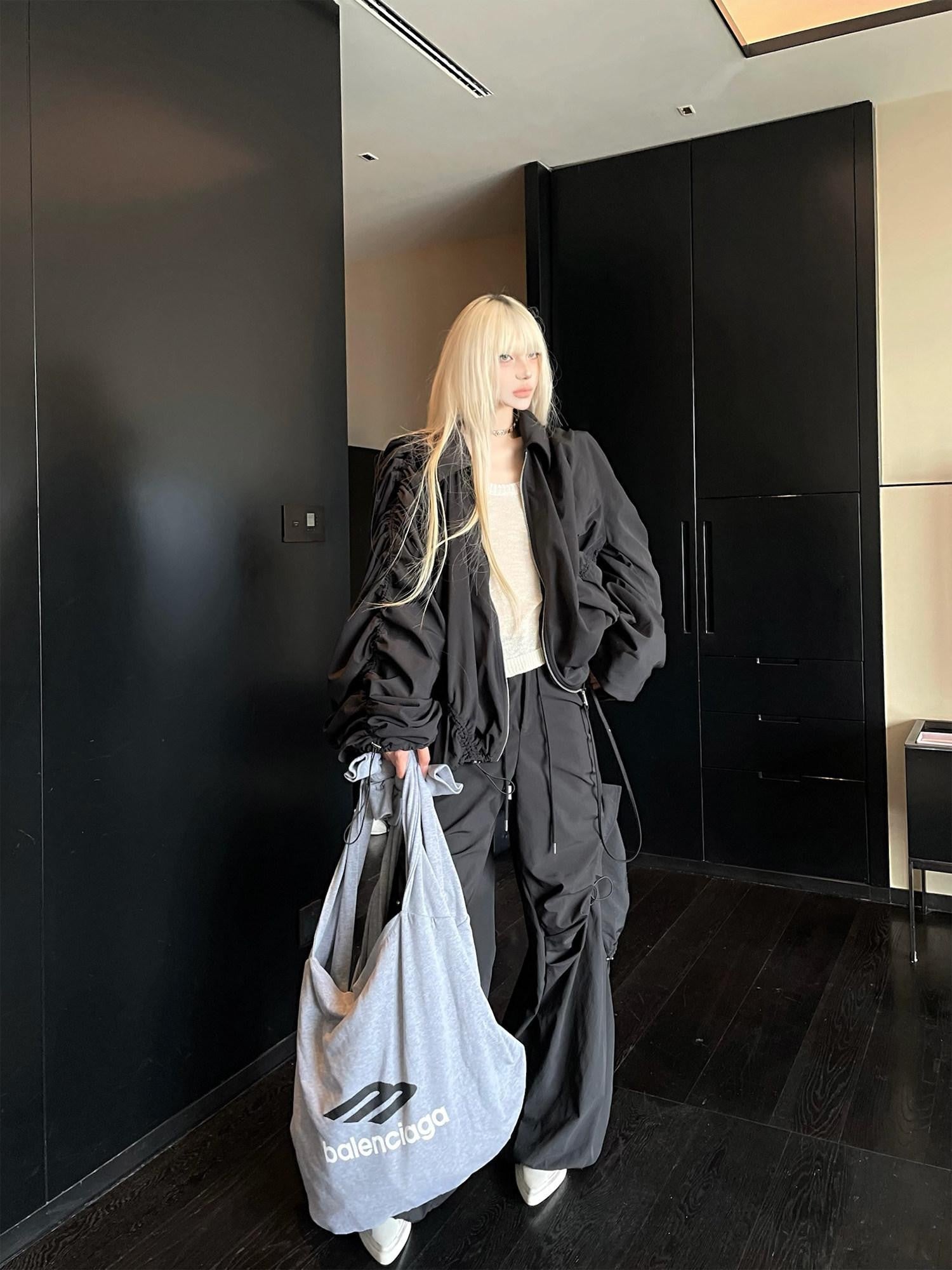 Rase le sol Black Loose Boxy Cropped Short Zippered Women's Casual Jackets