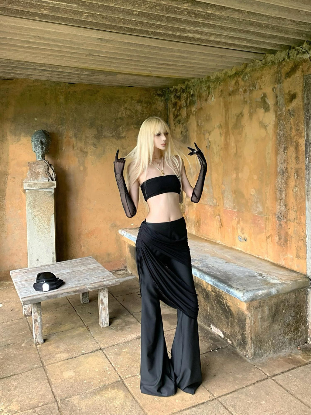 Rase le sol Black Low Waist Drapey Micro Flare Floor Sweeping Women's Bootcut Pants