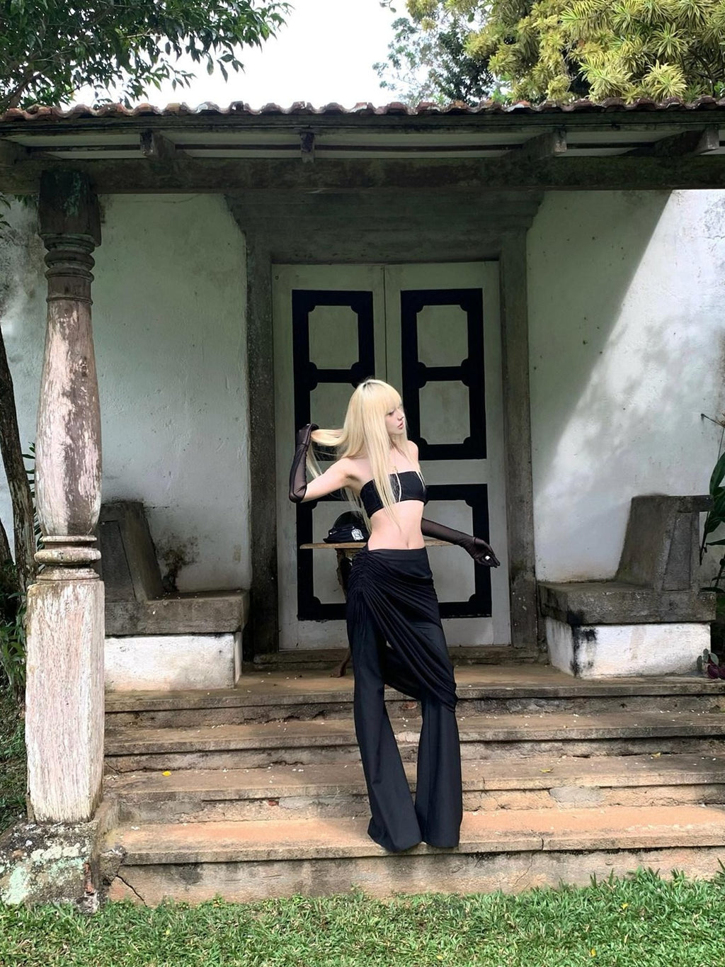 Rase le sol Black Low Waist Drapey Micro Flare Floor Sweeping Women's Bootcut Pants