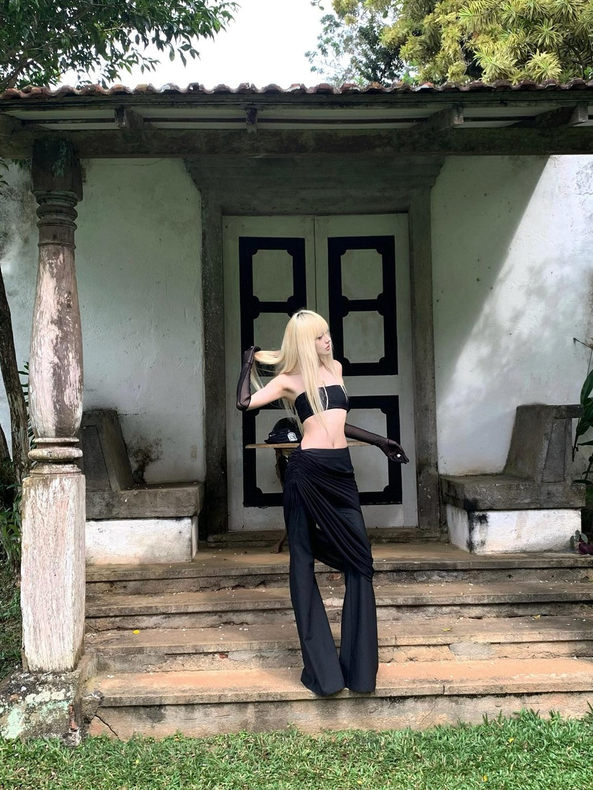 Rase le sol Black Low Waist Drapey Micro Flare Floor Sweeping Women's Bootcut Pants