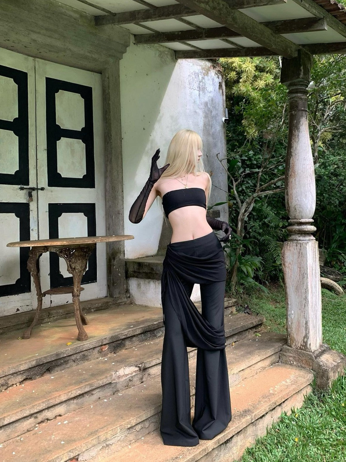 Rase le sol Black Low Waist Drapey Micro Flare Floor Sweeping Women's Bootcut Pants