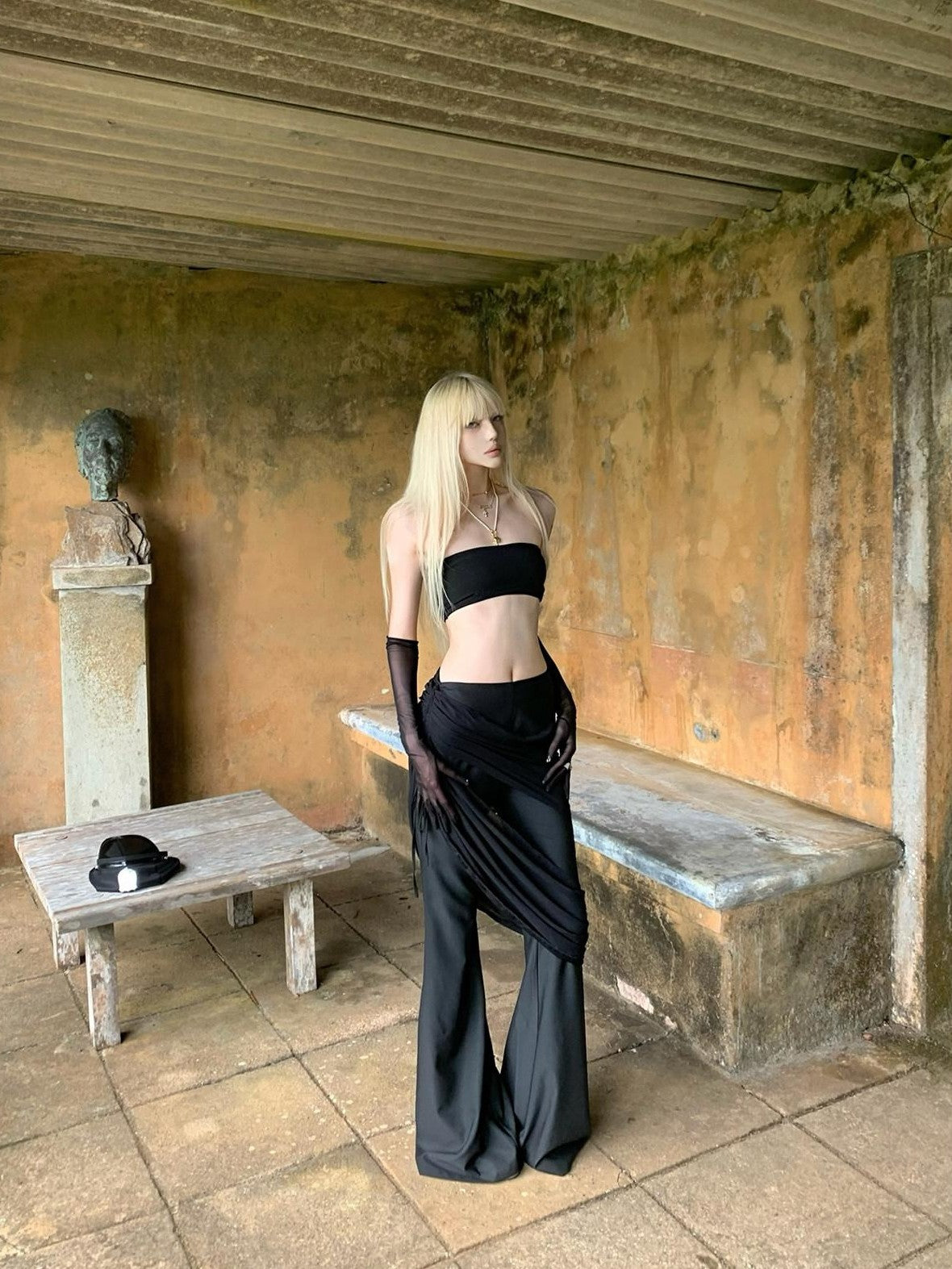 Rase le sol Black Low Waist Drapey Micro Flare Floor Sweeping Women's Bootcut Pants