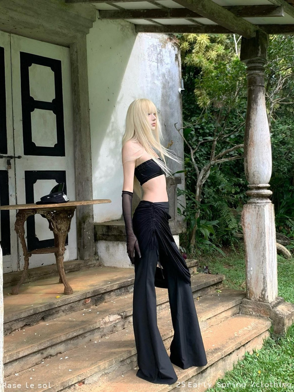 Rase le sol Black Low Waist Drapey Micro Flare Floor Sweeping Women's Bootcut Pants