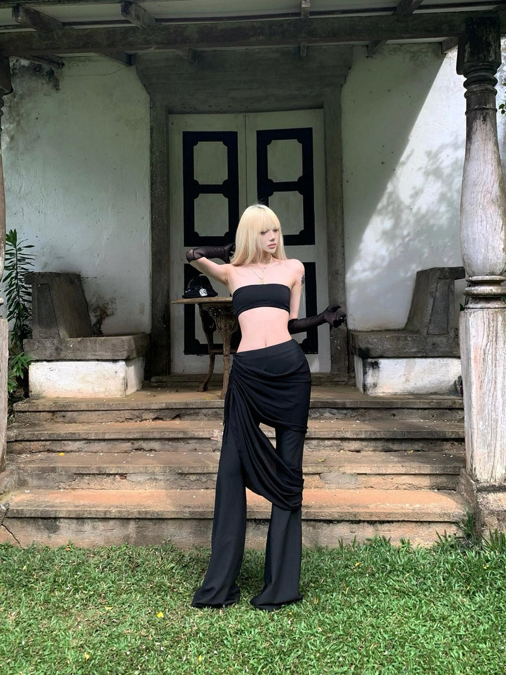 Rase le sol Black Low Waist Drapey Micro Flare Floor Sweeping Women's Bootcut Pants