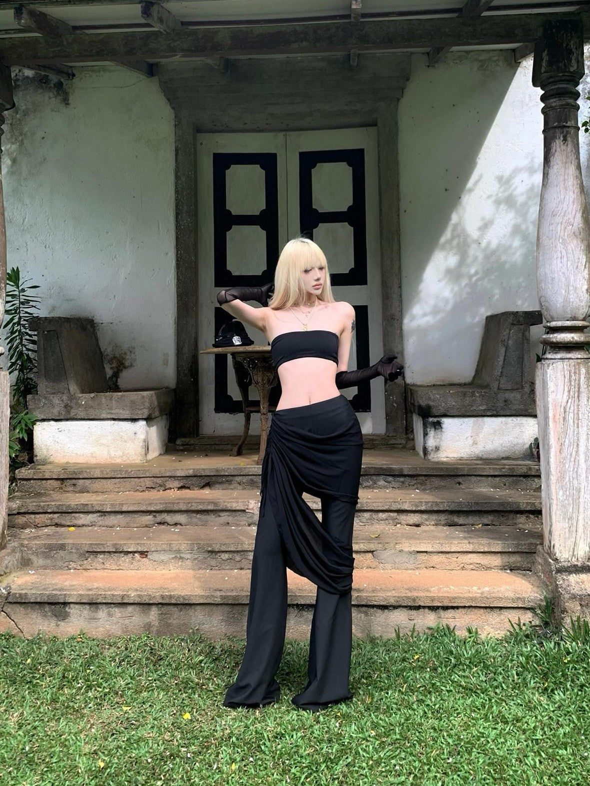 Rase le sol Black Low Waist Drapey Micro Flare Floor Sweeping Women's Bootcut Pants