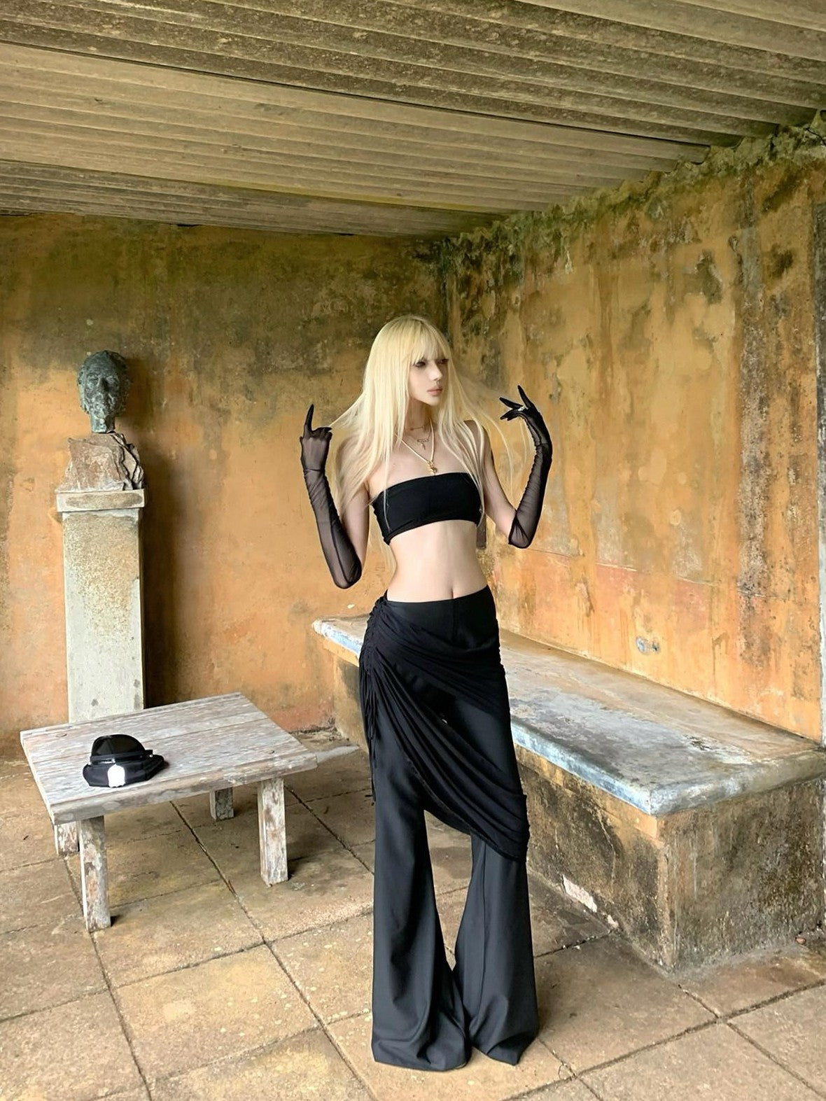 Rase le sol Black Low Waist Drapey Micro Flare Floor Sweeping Women's Bootcut Pants