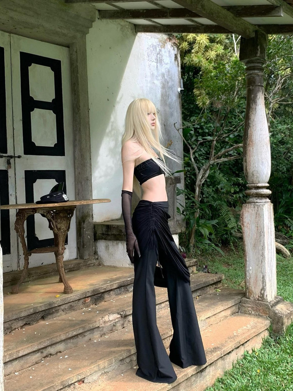 Rase le sol Black Low Waist Drapey Micro Flare Floor Sweeping Women's Bootcut Pants
