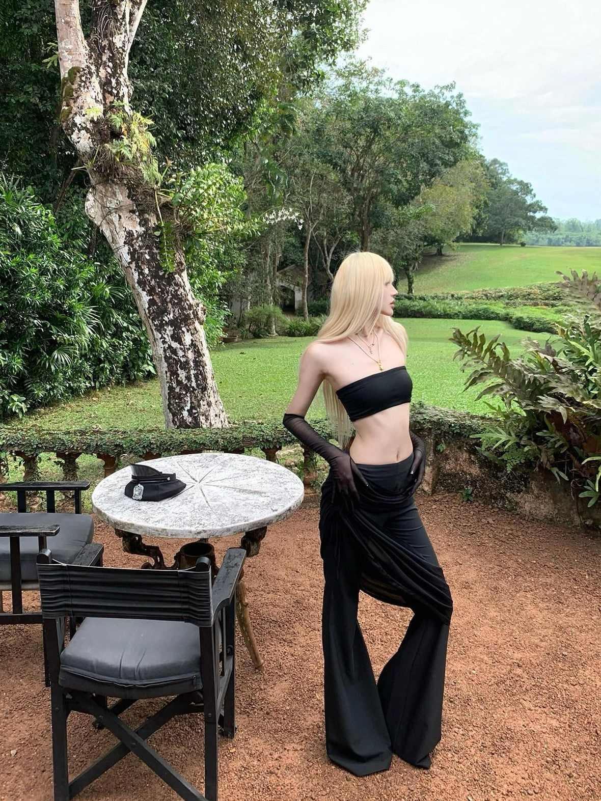 Rase le sol Black Low Waist Drapey Micro Flare Floor Sweeping Women's Bootcut Pants