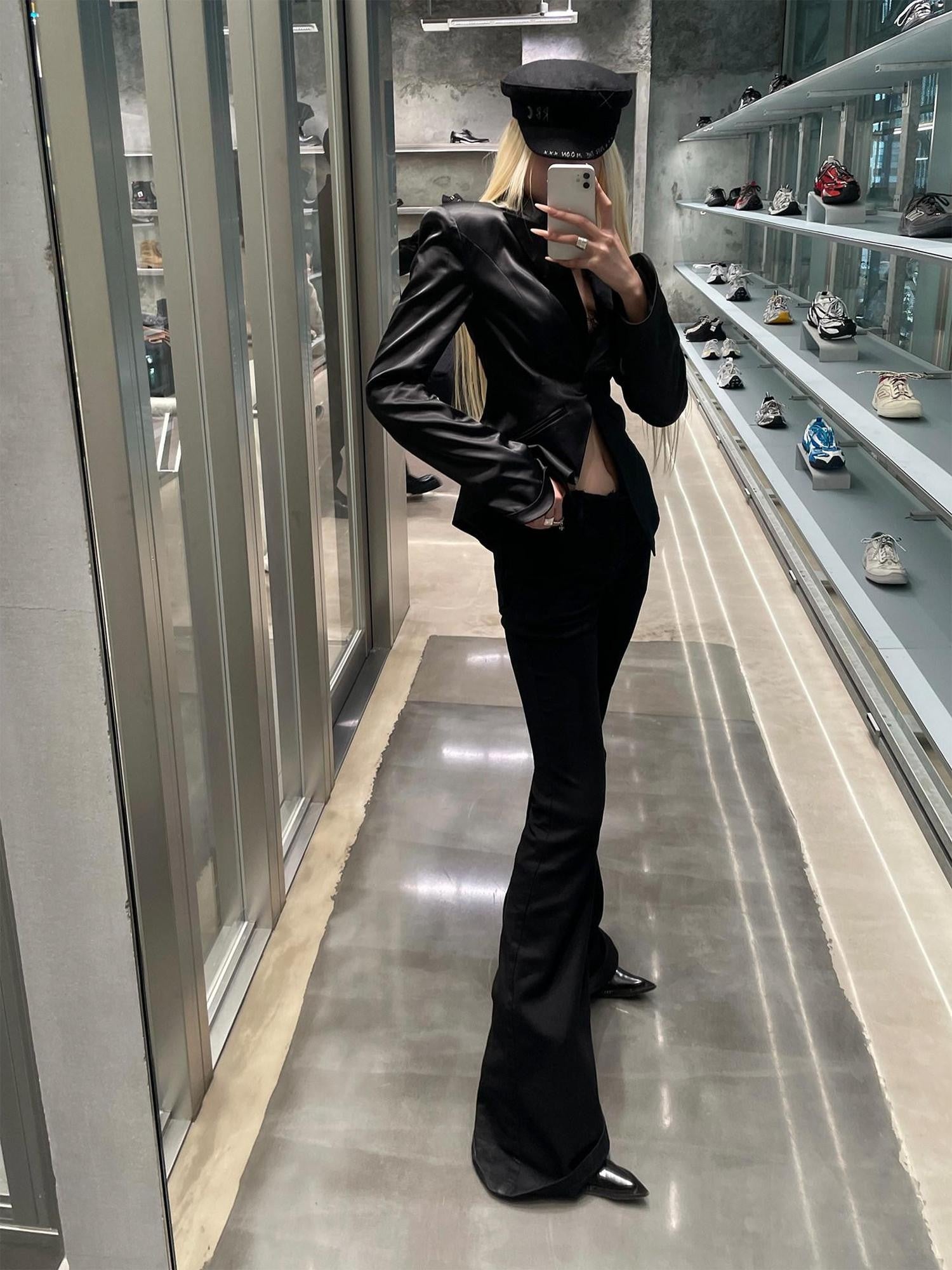 Rase le sol Black Luminous Tailored Waist Cinch Slim Women's Cropped Jackets