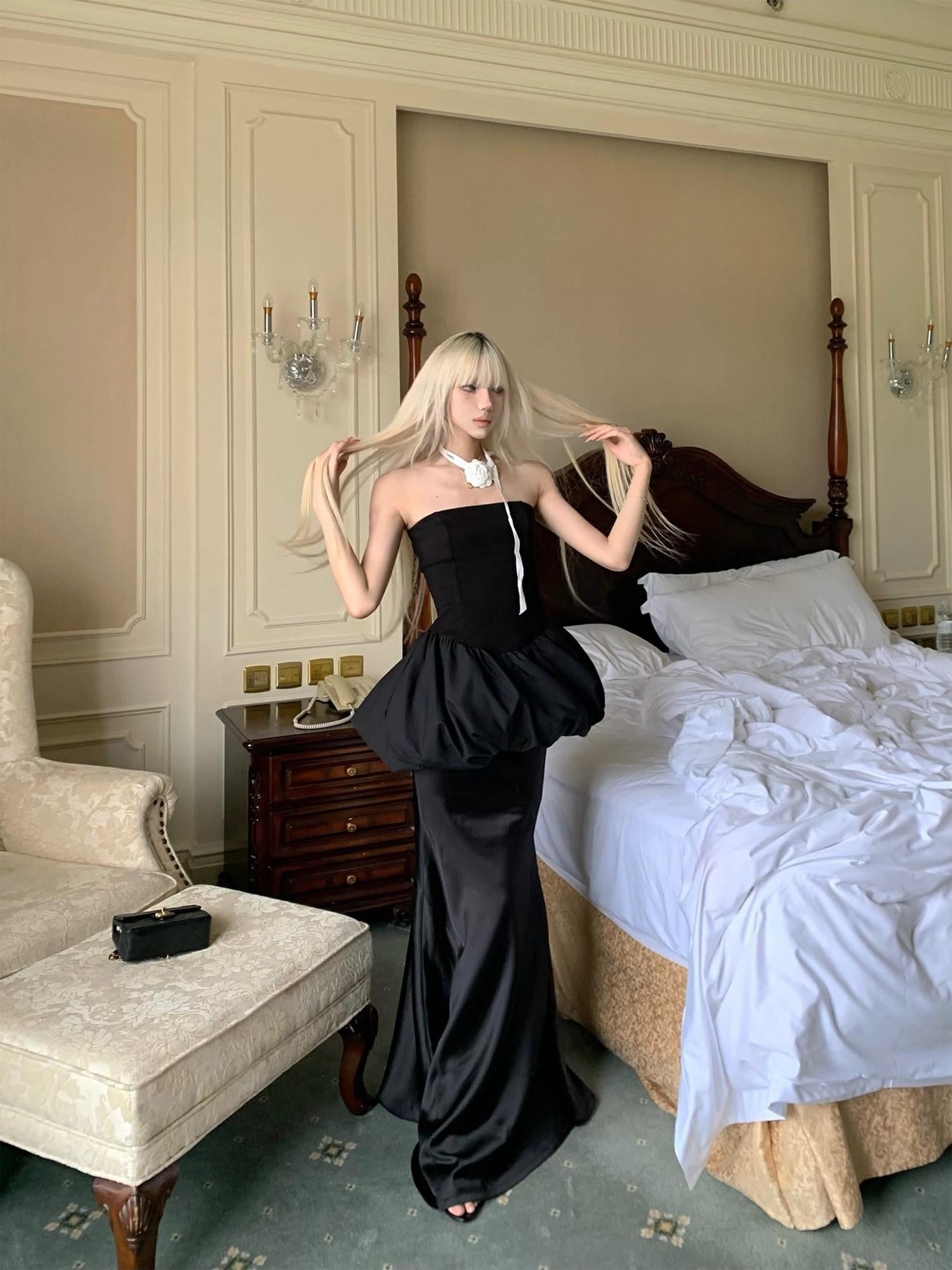 Rase le sol Black Mermaid Fishtail High Waist Fluid Draping Women's Maxi Skirts