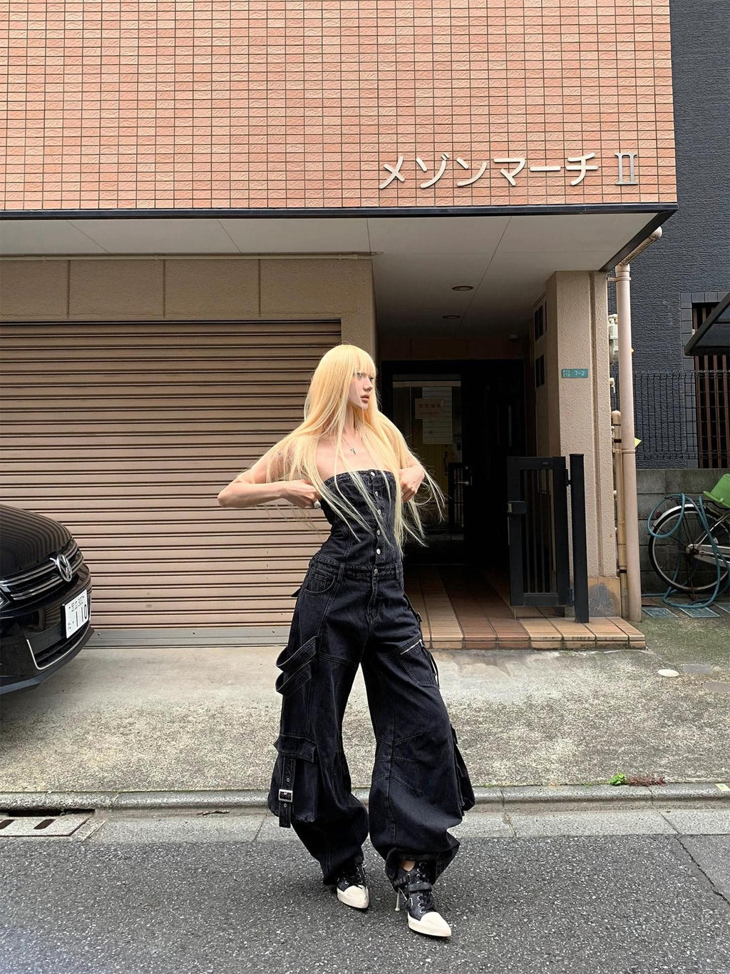 Rase le sol Black Multi Pocket Bustier Jumpsuit Women's Denim Baggy Jeans