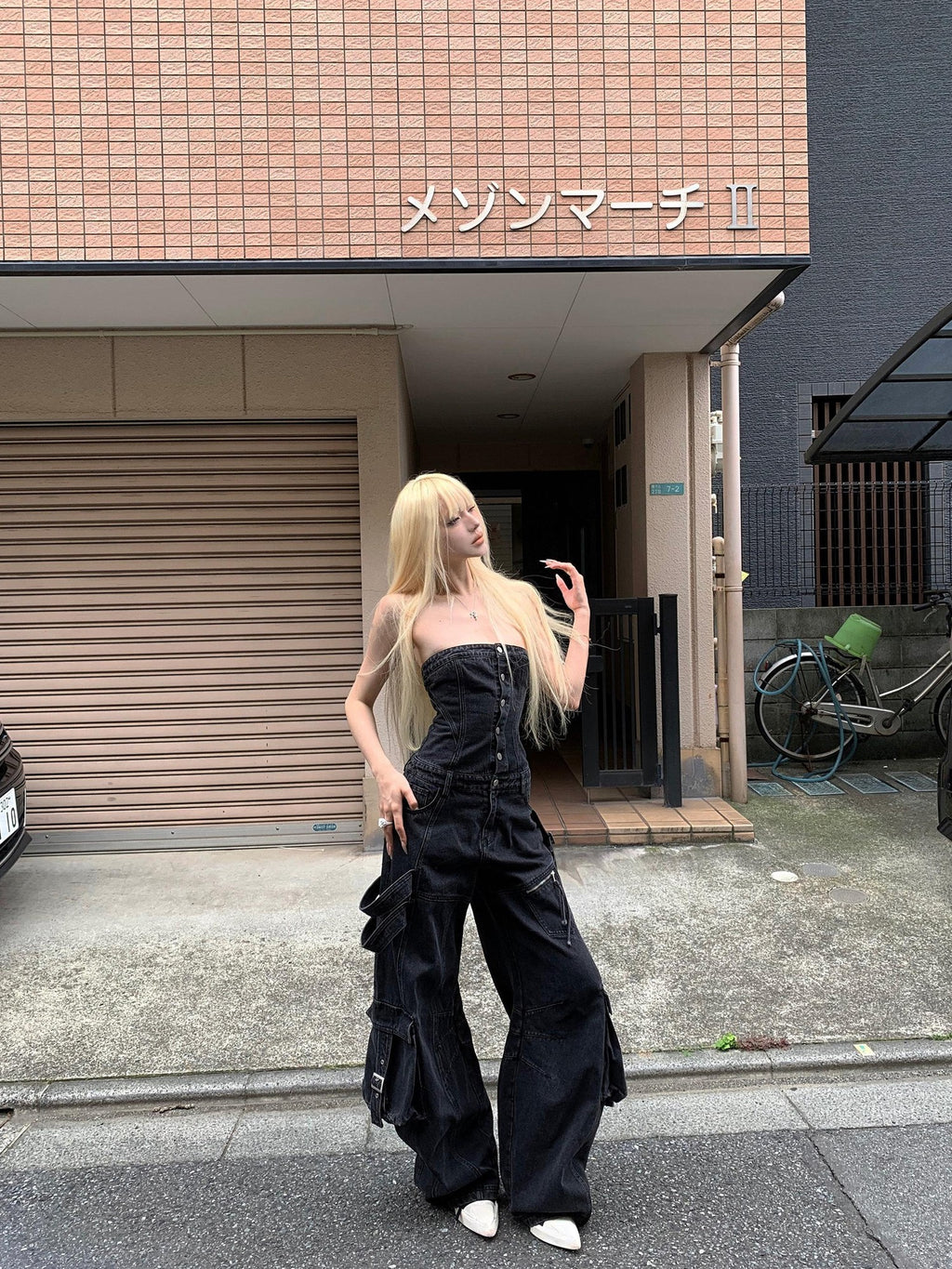 Rase le sol Black Multi Pocket Bustier Jumpsuit Women's Denim Baggy Jeans