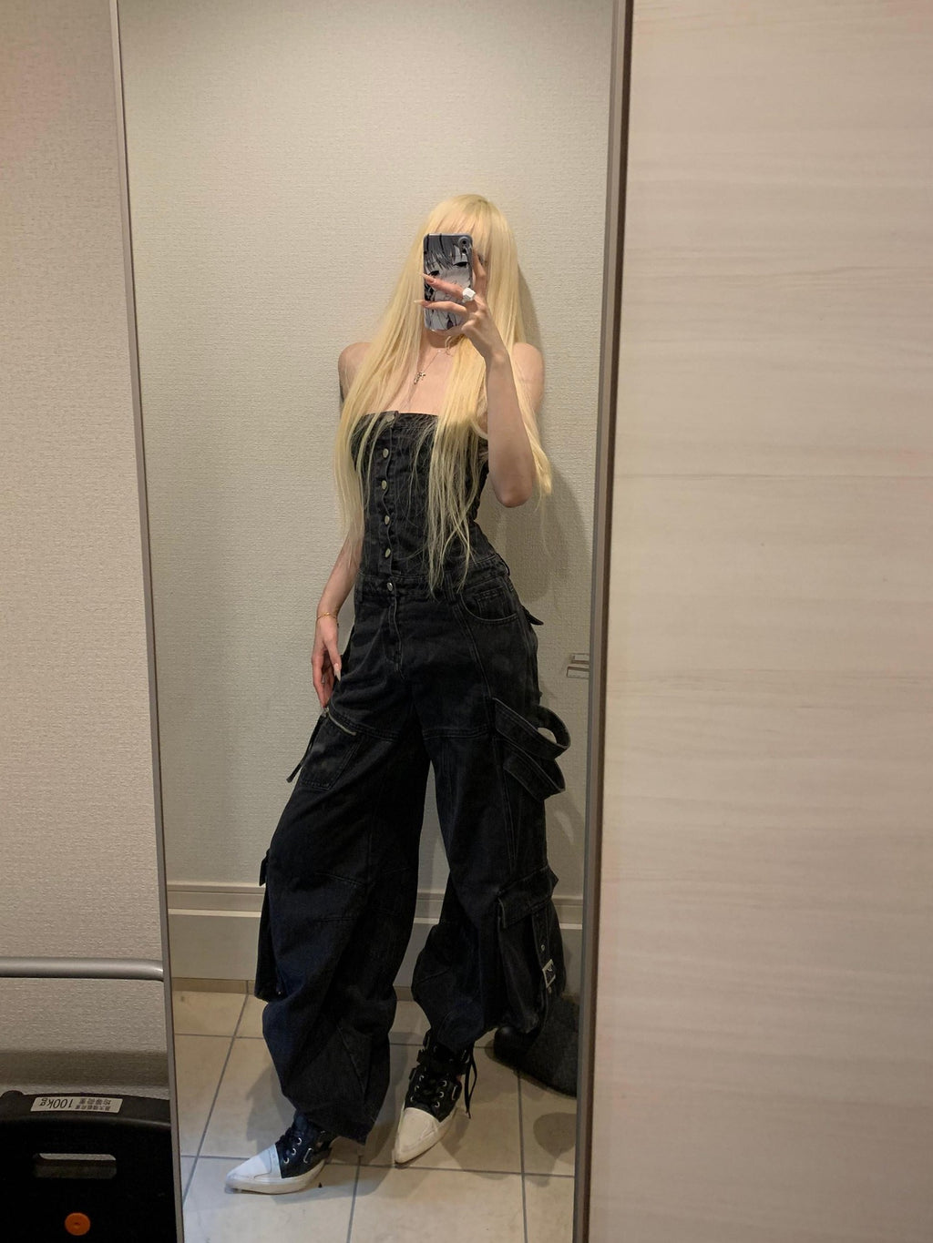 Rase le sol Black Multi Pocket Bustier Jumpsuit Women's Denim Baggy Jeans
