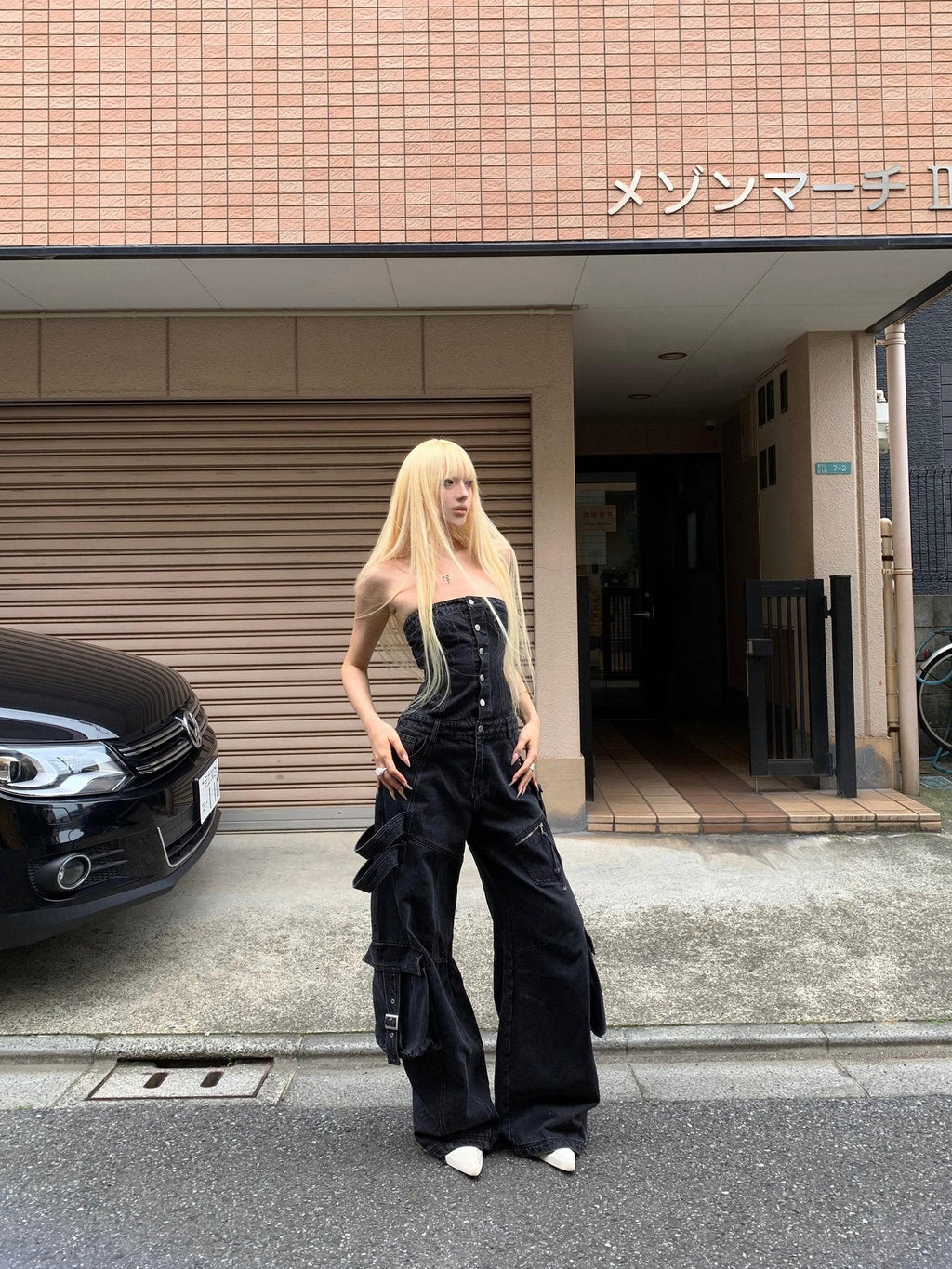 Rase le sol Black Multi Pocket Bustier Jumpsuit Women's Denim Baggy Jeans